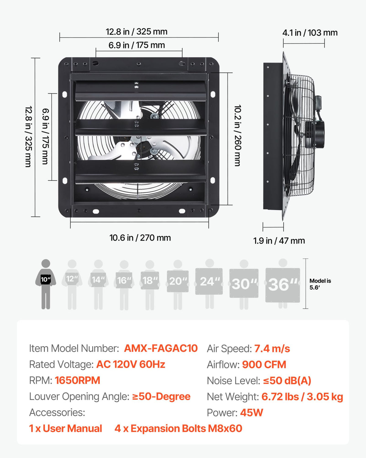 VEVOR 10'' Exhaust Fan, Wall Mounted Attic Fan with Variable Speed controller, 900 CFM, Automatic Shutter, Ventilation and Cooling, Black