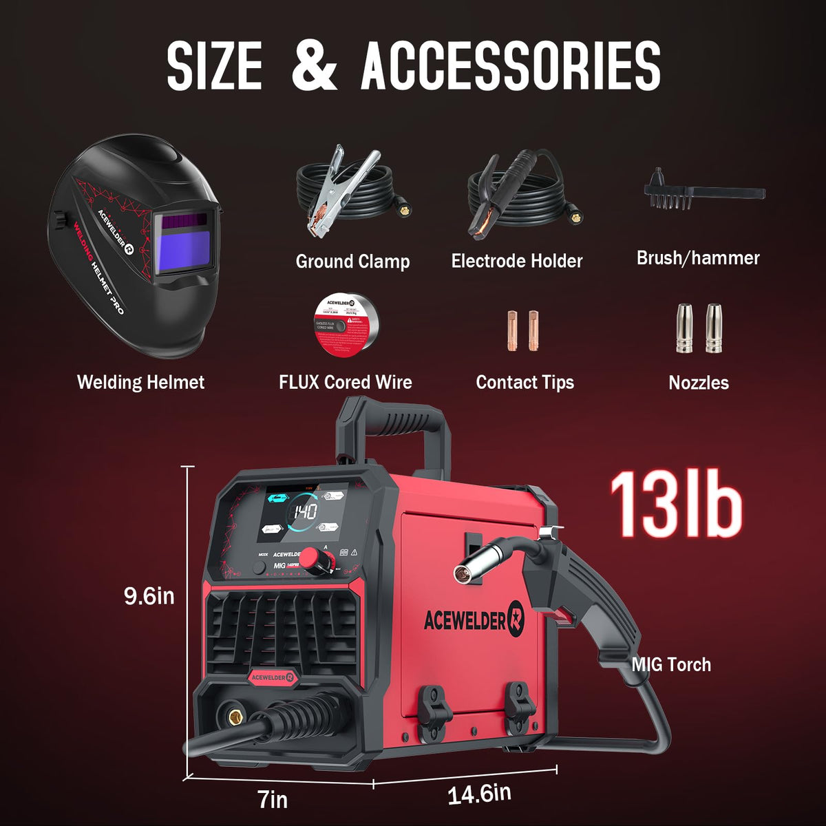ACEWELDER 140A MIG Welder, 3 in 1 Flux Core, MIG/LIFT TIG/Stick Welding Machine 110V Portable IGBT Inverter Synergic Control, LED Display with Welding Helmet