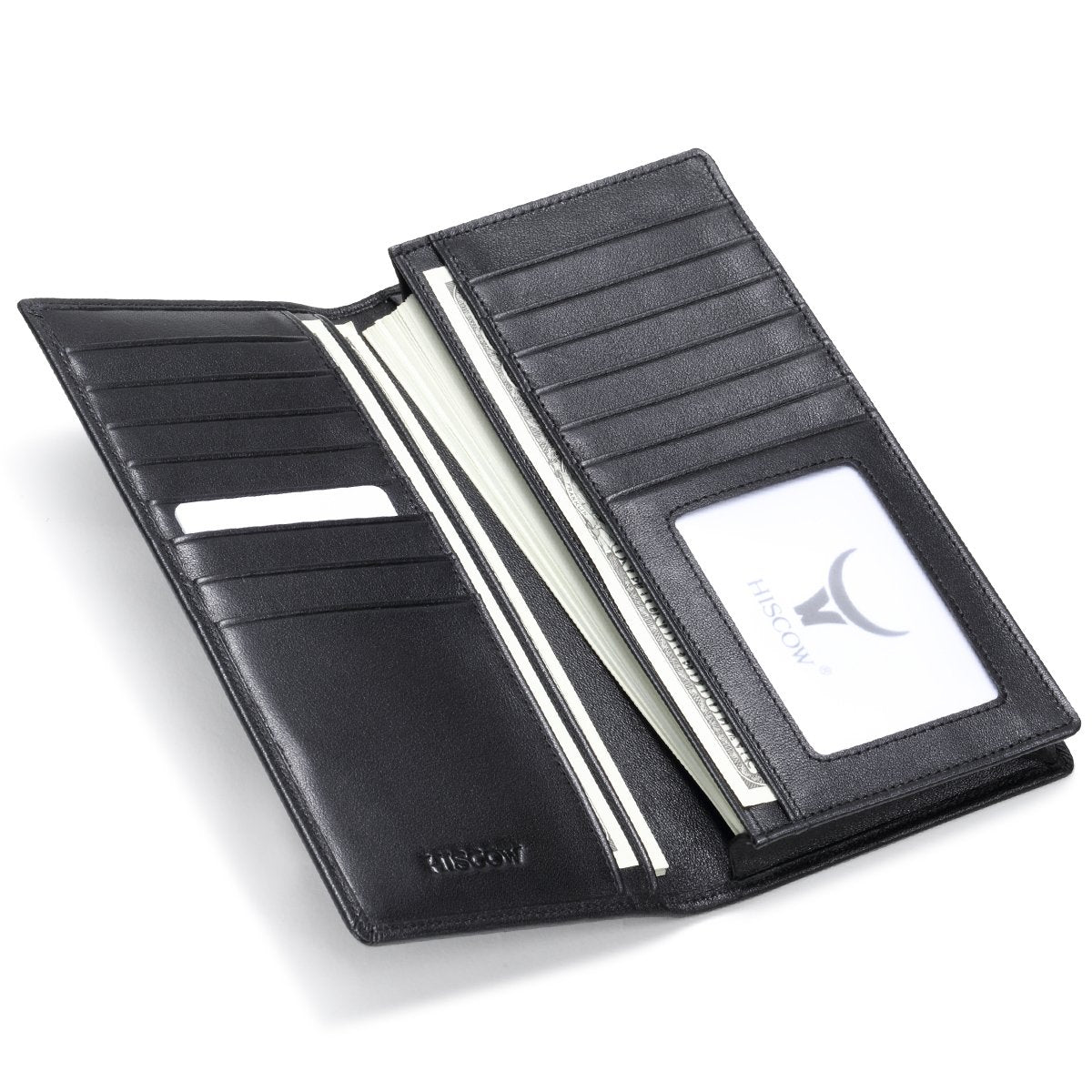 HISCOW Bifold Long Wallet with 15 Credit Card Slots - Italian Calfskin (Black)
