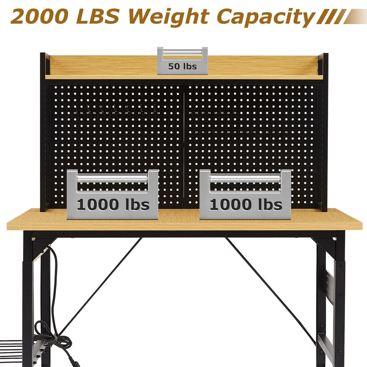 Zevemomo 48" Adjustable Height Workbench with Pegboard, Work Benches for Garage, Heavy Duty Wood Top Work Bench with Wheels, 2000 LBS Load Capacity, Rolling Work Table with Outlet Storage Shelf Hooks