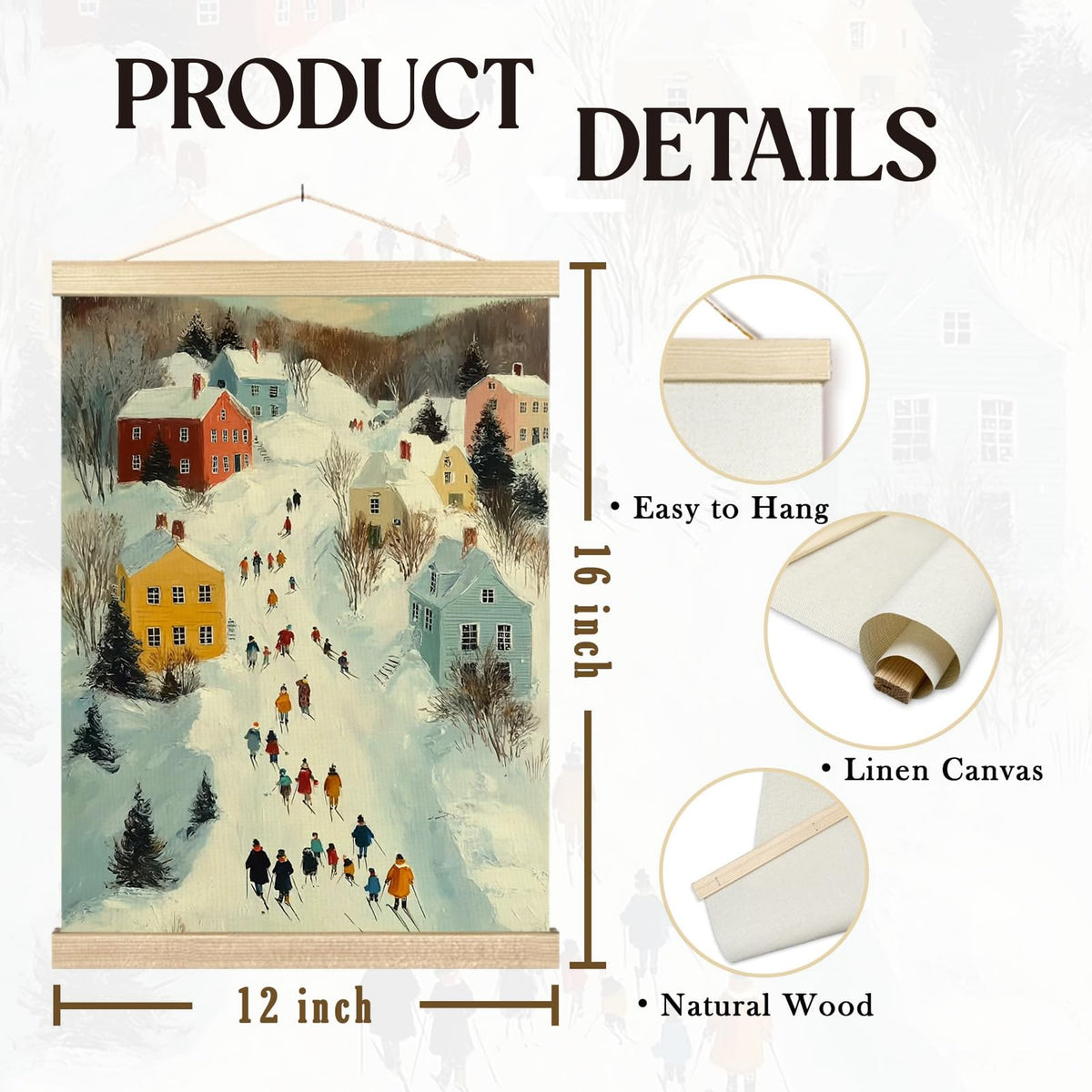 FOPENEM 16x12 Inch Winter Village Scene Wall Art – Snowy Town Canvas Hanging Print with Skating People for Holiday Decor