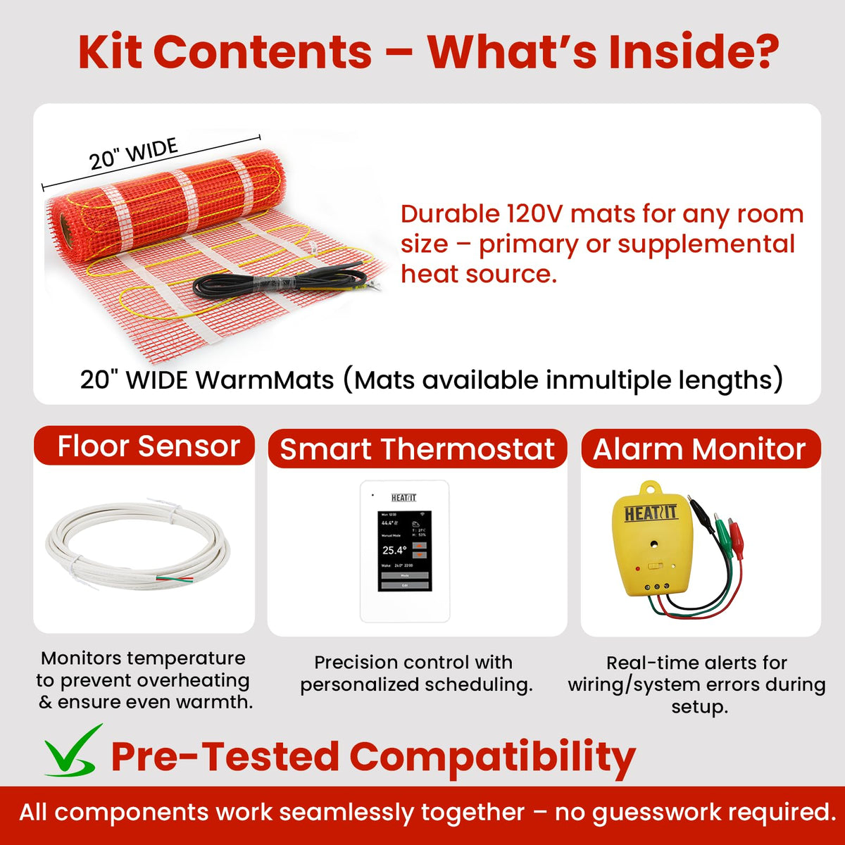 100 sqft HEATIT Warmmat Electric Radiant Self-adhesive Floor Heat Heating System & ET-7AW Thermostat & Alarm Monitor