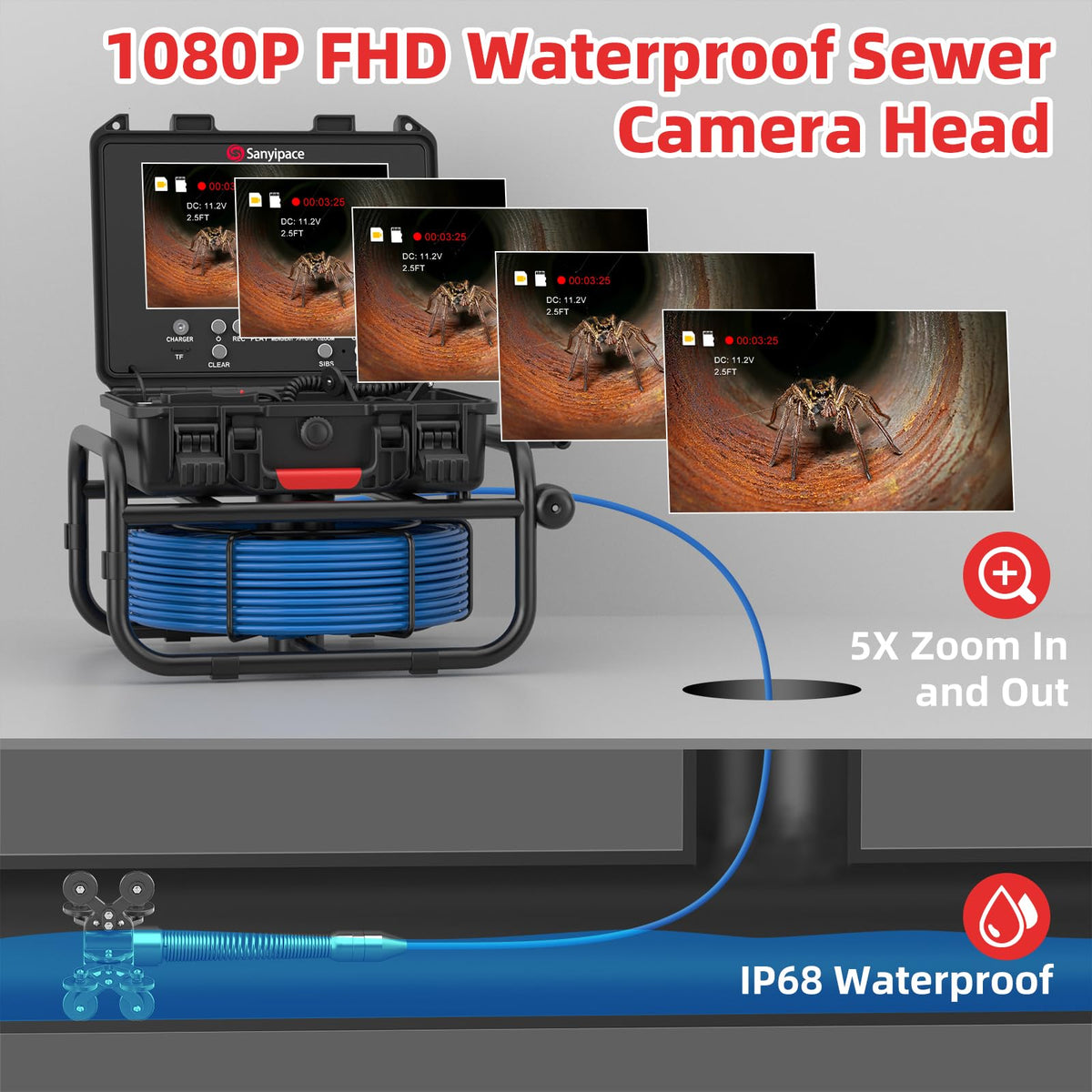 Sanyipace Sewer Camera Self-leveling with Locator, 512Hz Drain Camera with Distance Counter, Waterproof 100FT/30M Pipe Camera with 9" Screen, 1080P, 23mm/0.9in Borescope Inspection Camera for Plumbing