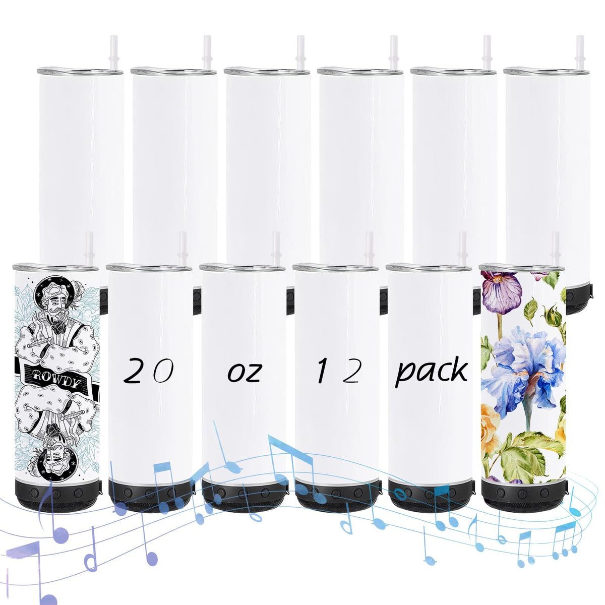 Lilsofee 12 Pack 20 OZ Sublimation Blank Tumblers Bulk Stainless Steels Double Vacuum Bluetooth Speaker Music Insulated Tumbler with Lid and Straw Heat Transfer Cup Black
