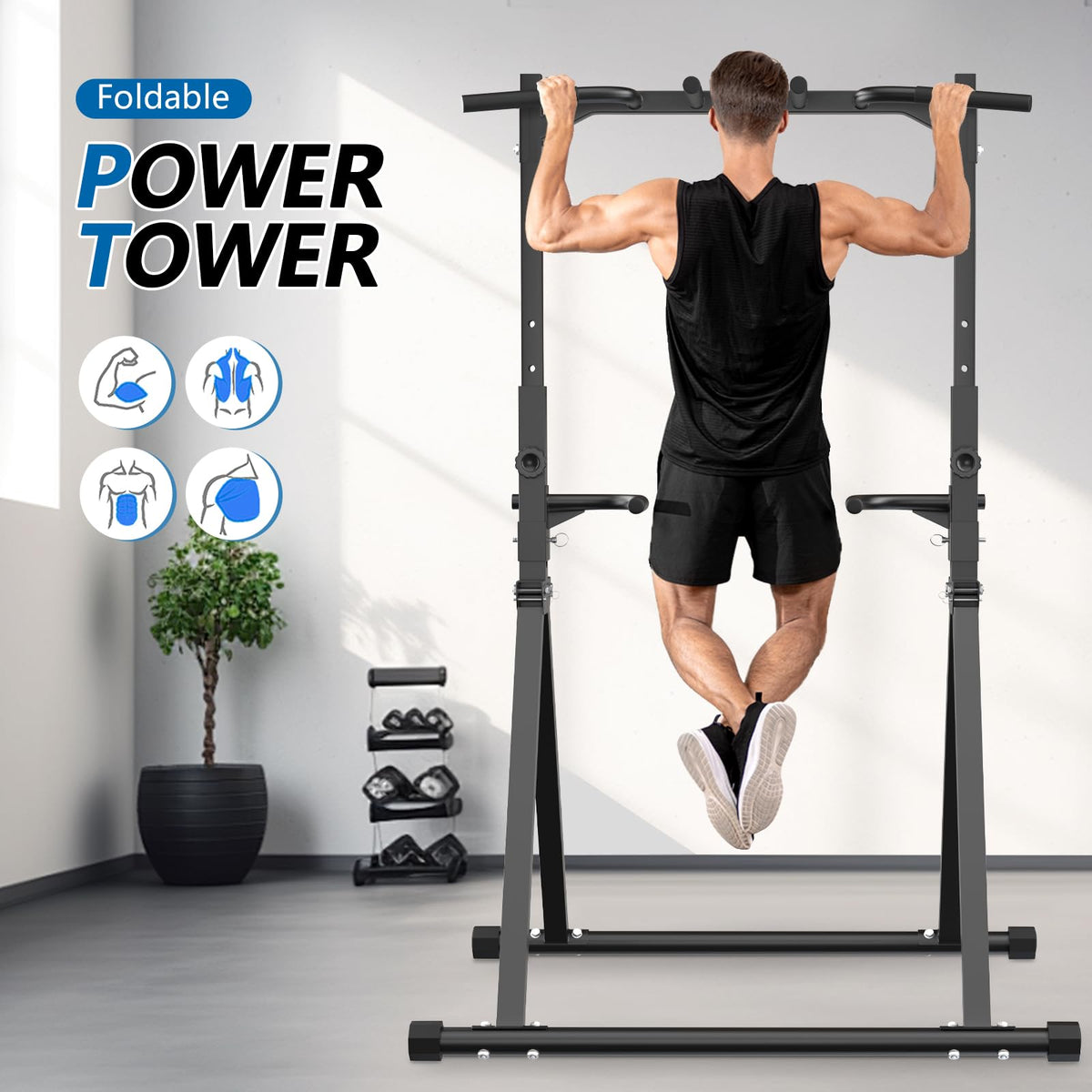 STACOO Foldable Pull Up Bar Pull Up Station,Power Tower with Triangular Structure, Multi-Functional Dip Station for Home Gym 300LB