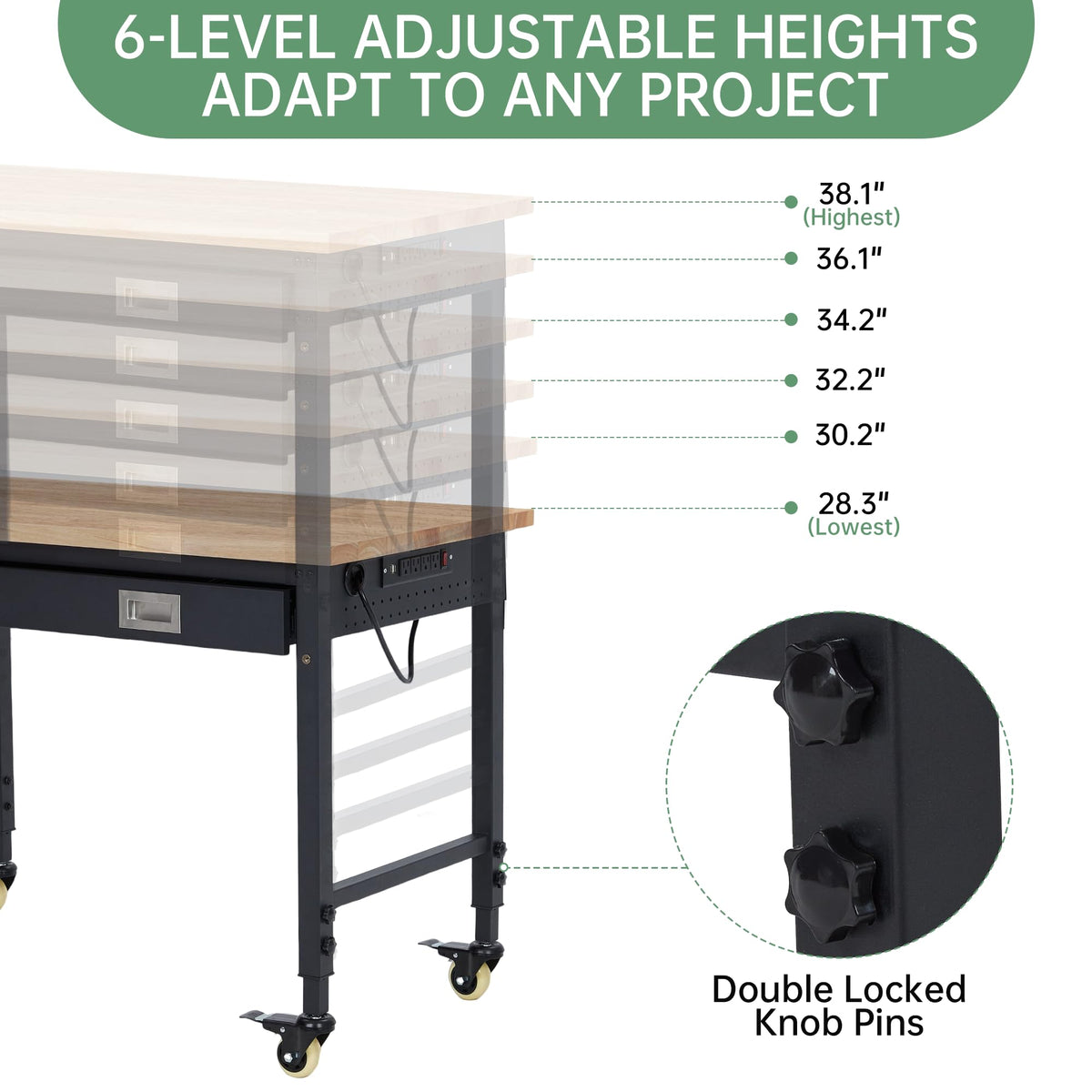 48" Work Benches for Garage, Adjustable Workbench with Wheels, Drawers, Power Outlet & Rubber Wood Top, 2000LB Tool Bench Shop Table for Woodworking, Office, Home, Black