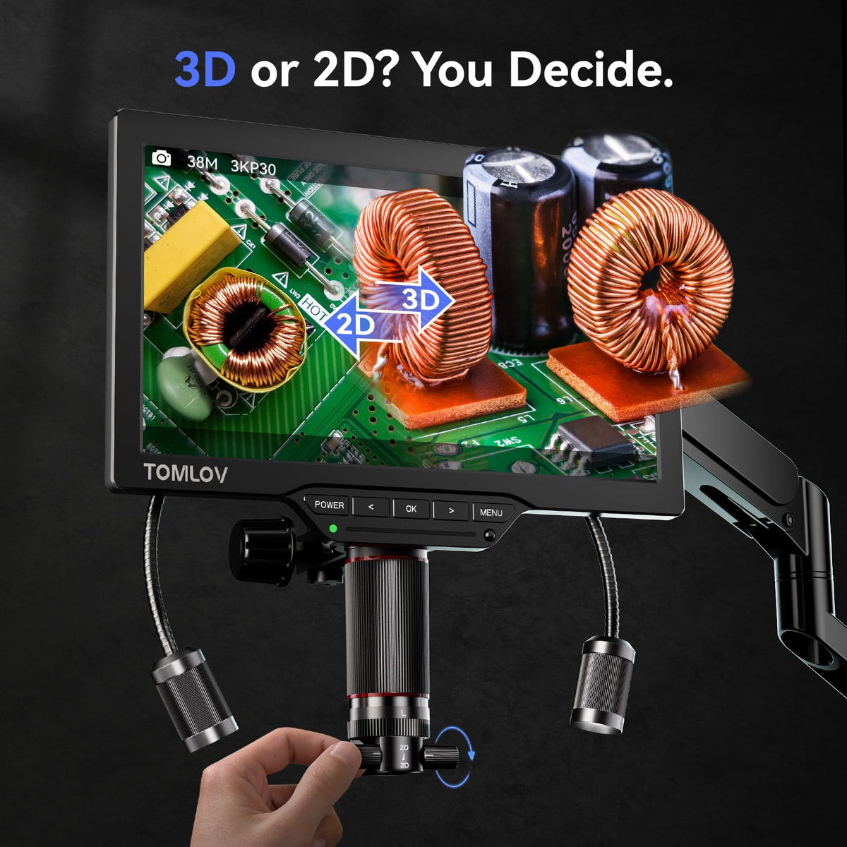 TOMLOV 3D Digital Microscope for Soldering: Magnetic Dual Lens Micro Scope TM3K-3D for Adult, Coin Microscope with Flex Arm, 3K 7-Inch IPS Screen, HDMI/USB Output, Gooseneck Light, Repair Mat, 16GB