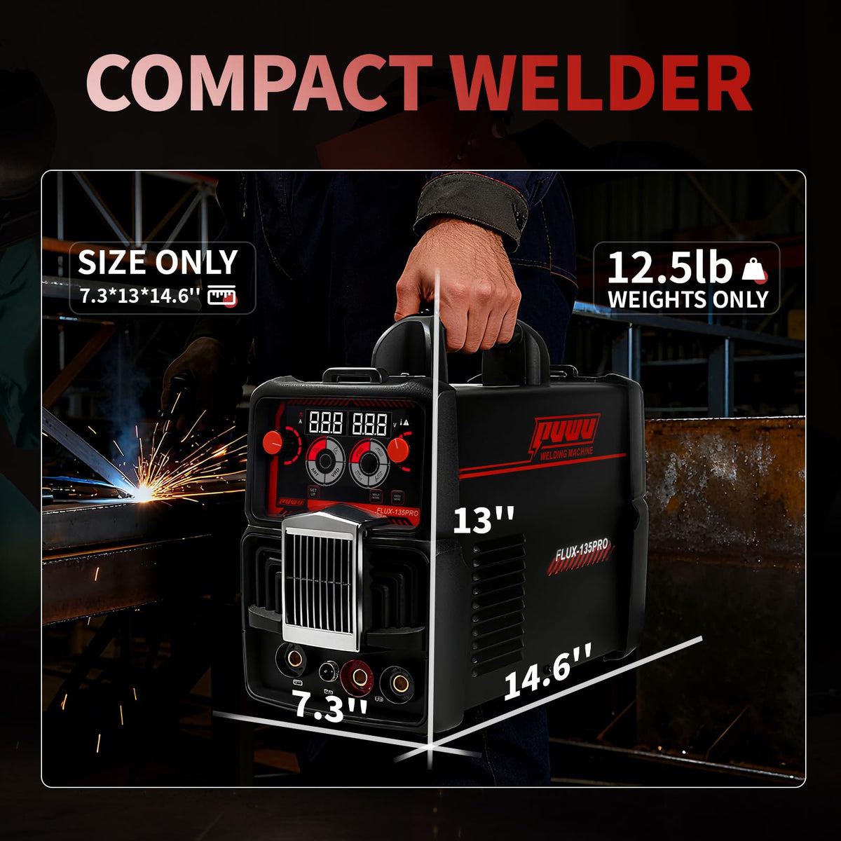 PUWU 135Amp 110V MIG Welder,Flux Core MIG/Lift TIG/Stick 3-in-1 Multiprocess Welder,IGBT Inverter Large LED Digital Display Welding Machine(BLACK)