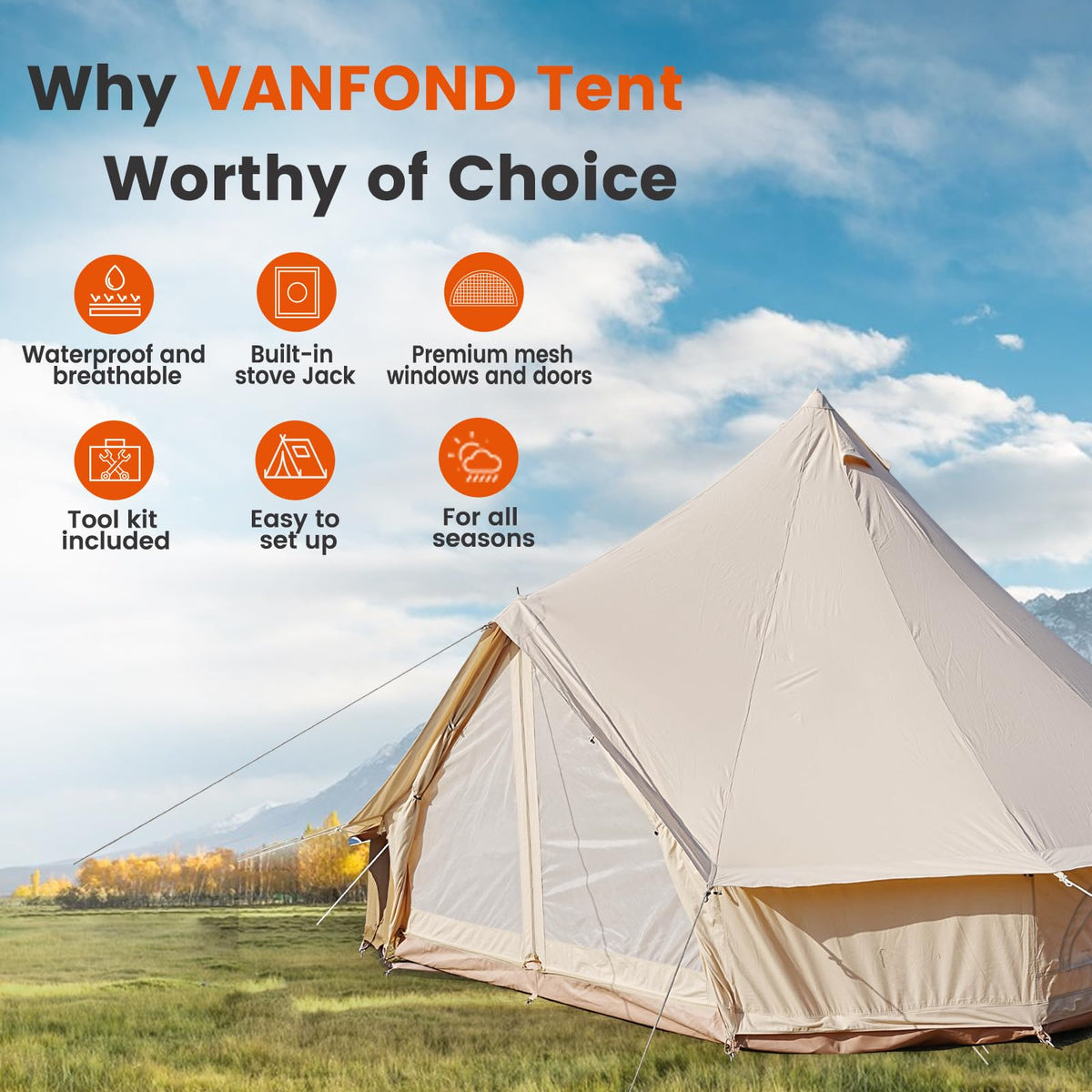 Canvas Bell Tent with Stove Jack - Waterproof and Breathable Yurt, Glamping Tent with Detachable Groundsheet for Camping Party