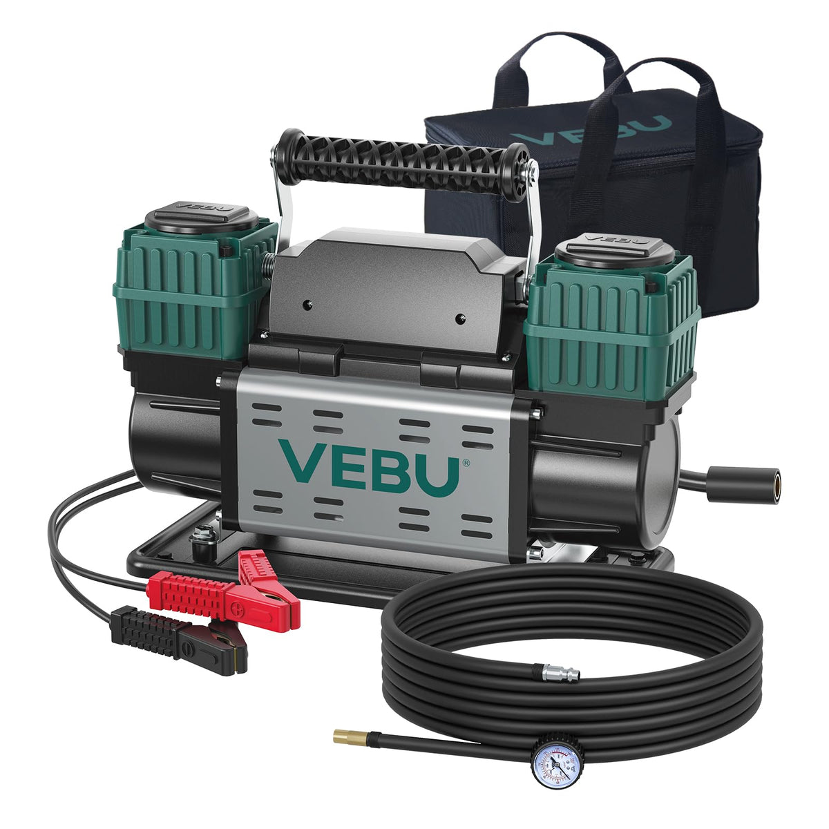VEBU Heavy Duty Air Compressor 12V Tire Inflator, Dual Cylinder 125PSI with In-line Pressure Gauge, 10.6CFM Fast Inflation for Off-road Vehicles, Trucks, SUVs, RVs, ATVs, DC Power, Corded Electric
