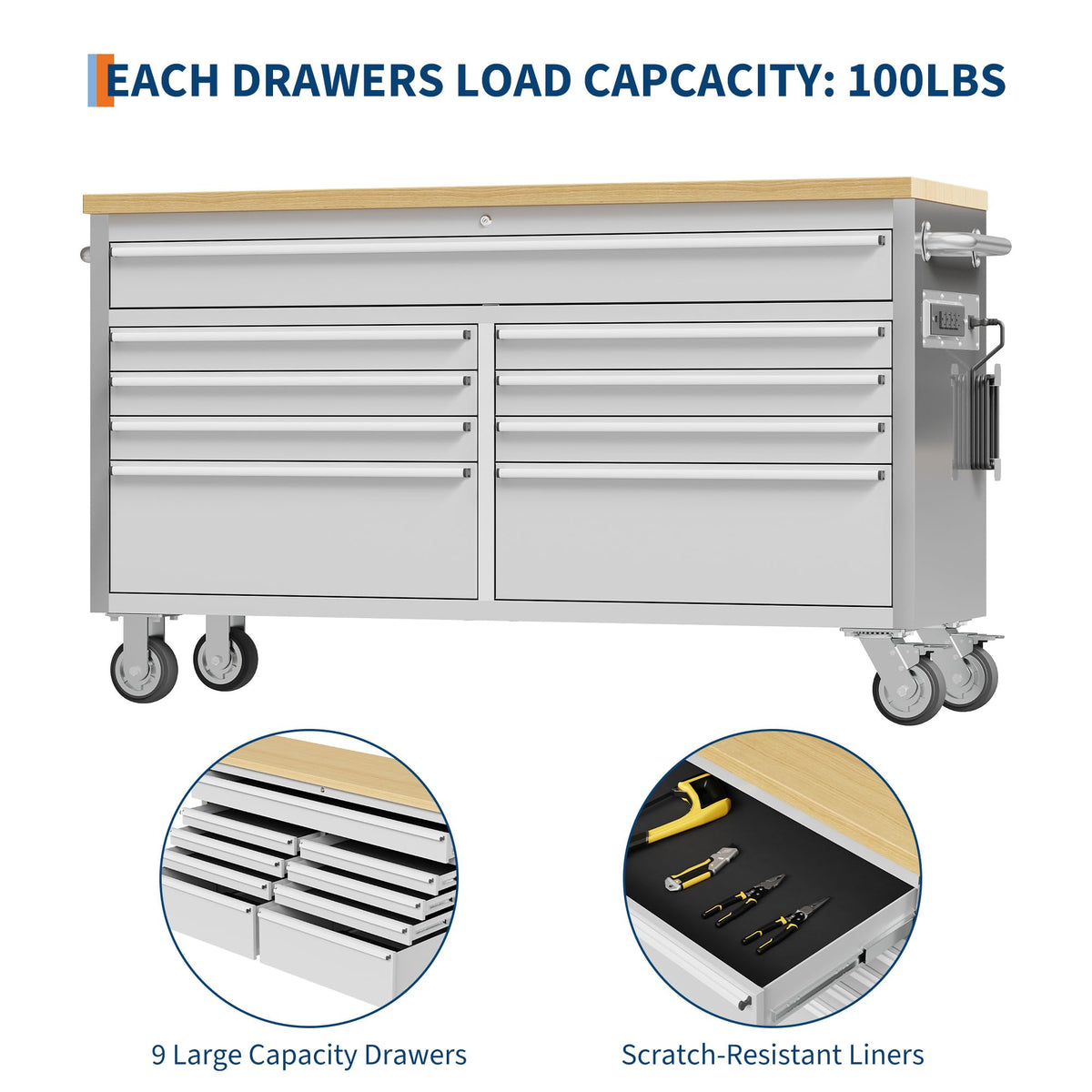 SierraSquad 61 Inch Rolling Tool Chest, Garage Workbench with 9 Drawers, Solid Rubber Wood Top, Wheels Lock Key Locking System, Mobile Tool Cabinet Garage, Warehouse and Repair Shop
