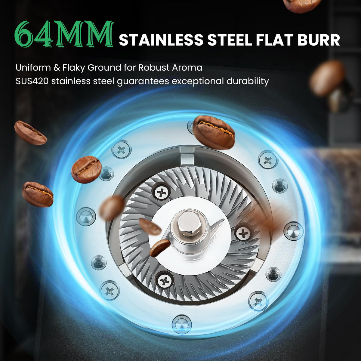 Huanyu Electric Coffee Bean Grinder 250G Automatic Burr Grinder Green and Huanyu Commercial Coffee Grinder with 64mm Flat Burr Anti-Flying Grounds Outlet 26oz Lotus Hopper Bundle