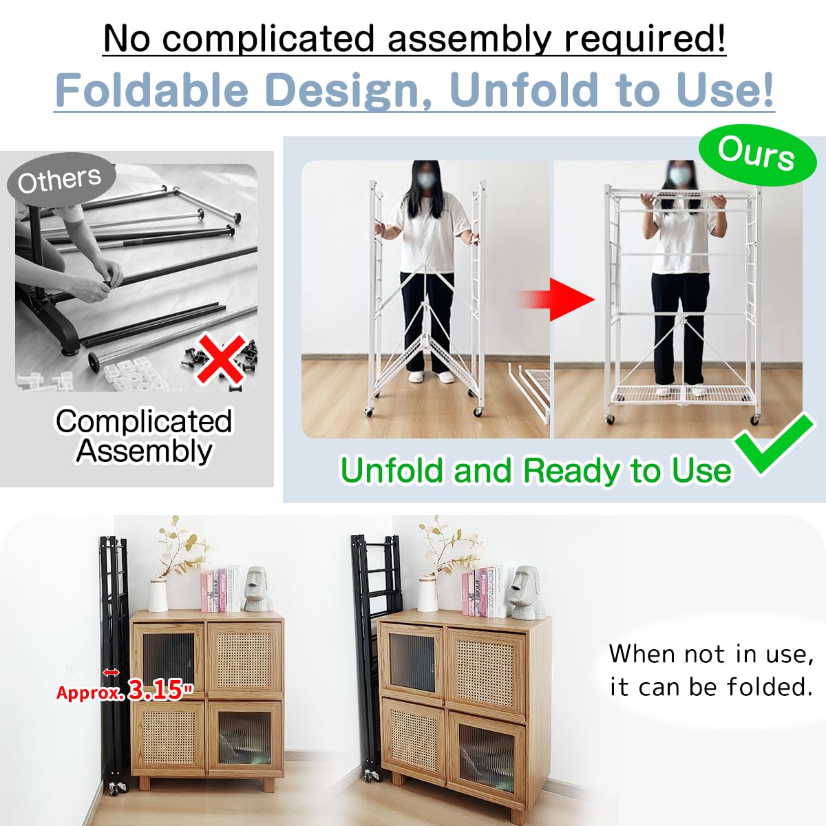 lumizone Folding Clothing Rack with Wheels Expandable Wardrobe Portable Clothes Rack for Hanging Clothes Adjustable Closet Shelves Garment Rack Durable Closet Racks for Hanging Clothes (Pro Black)