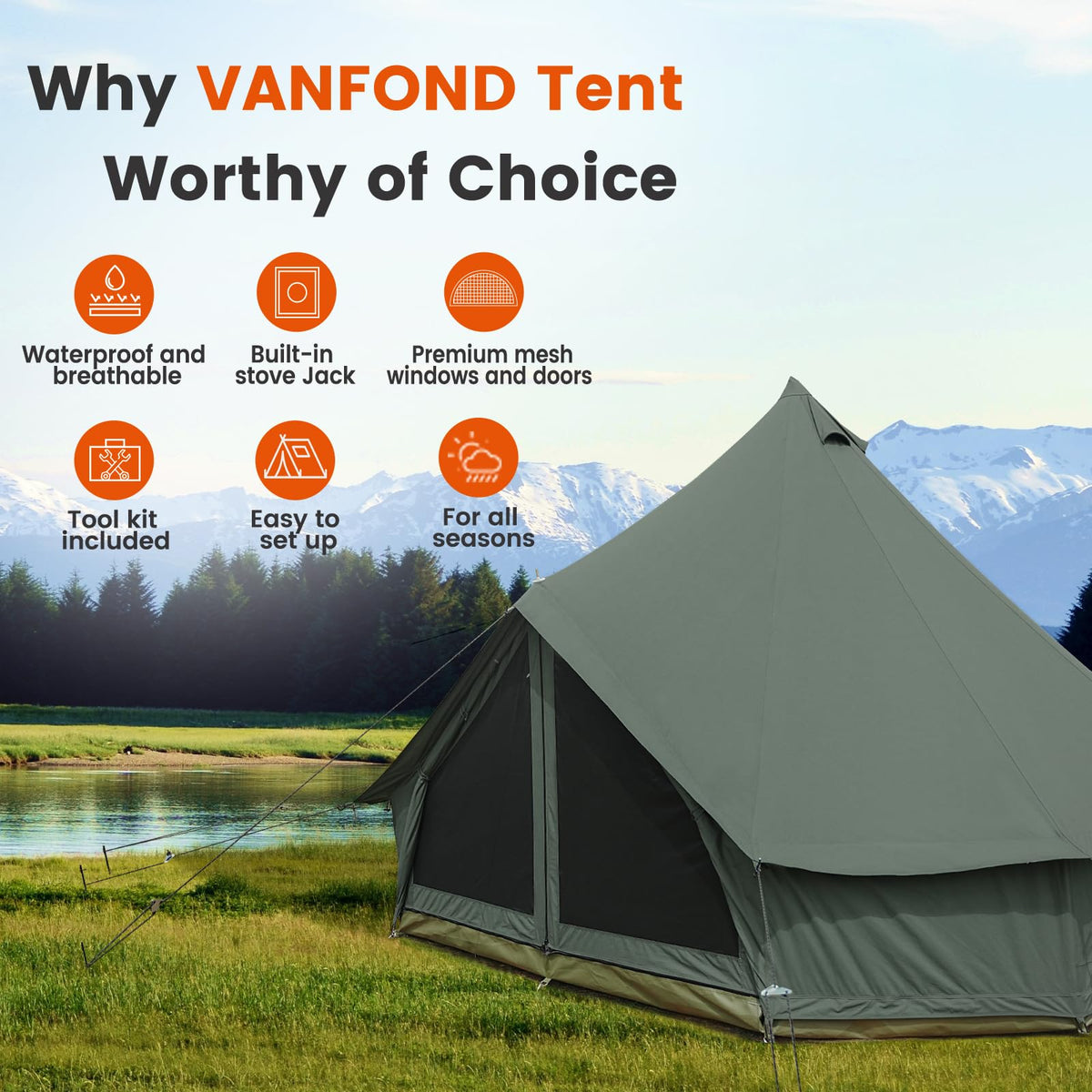 VANFOND Canvas Bell Tent, Yurt with Stove Jack, Waterproof and Breathable Glamping Wall Tent, Detachable Groundsheet for Camping Party