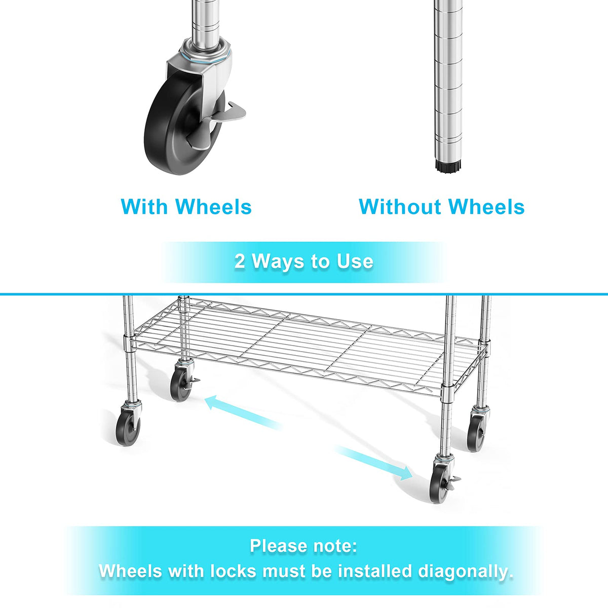 Auslar 5-Shelf Storage Shelves with Casters Heavy Duty 5 Tiers Rolling Cart Utility Racks Adjustable Wire Metal Shelving, 14" x 36" x 76.5", Chrome