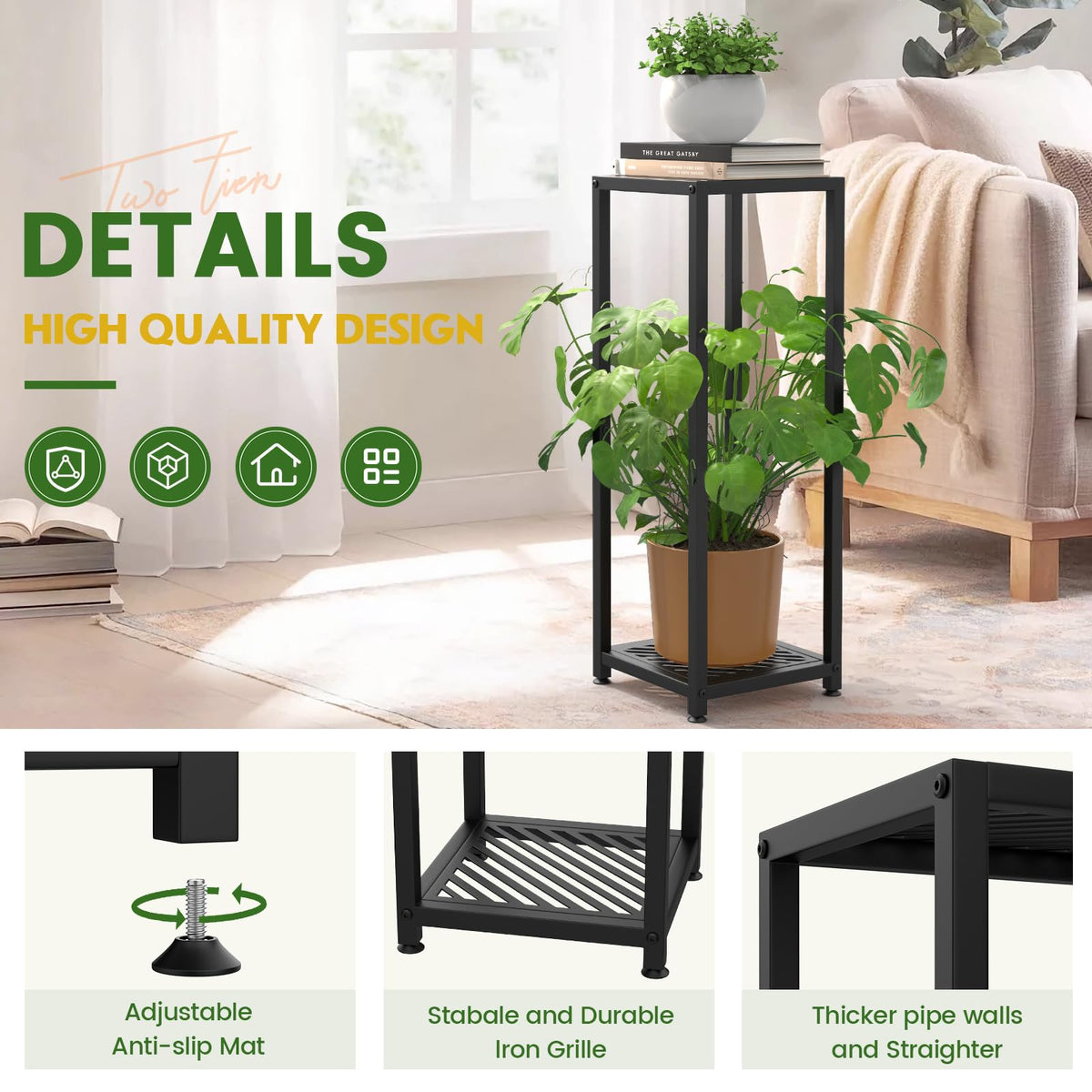TOSKING Tall Plant Stand Indoor – 2-Tier Modern Metal Shelf, 30" Height & 200 LBS Capacity, Heavy Duty for Living Room, Balcony, Garden (Black)