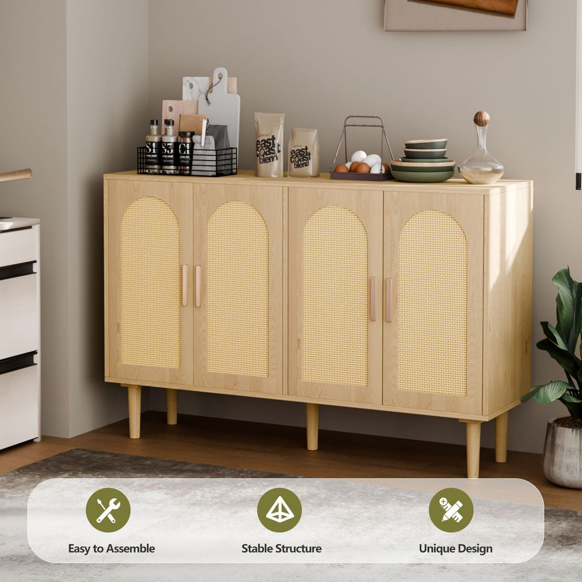 Sideboard Buffet Cabinet with Storage, Retro Rattan Storage Cabinet Kitchen Sideboard Buffet with Artistic Carved Handle for Dining Room Living Room, (Oak)