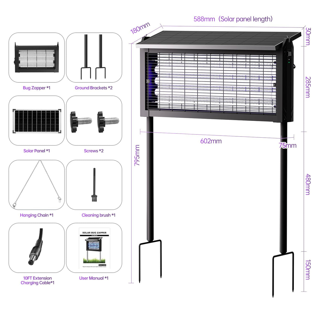 4500V Solar Bug Zapper Outdoor, Mosquito Zapper with Extension Cord, Waterproof Electric Fly Zapper Indoor/Outdoor for Patio, Yard, Home, Garden, Camping