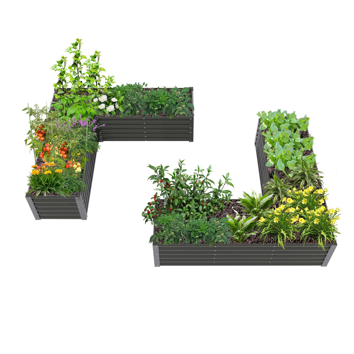 A ANLEOLIFE 2 Set L-Shaped Galvanized Raised Garden Beds Outdoor,74x74x18in Large Metal Planter Box for Planting Vegetables Flowers Herb, Anti-Rust & Easy-Setup, Quartz Grey