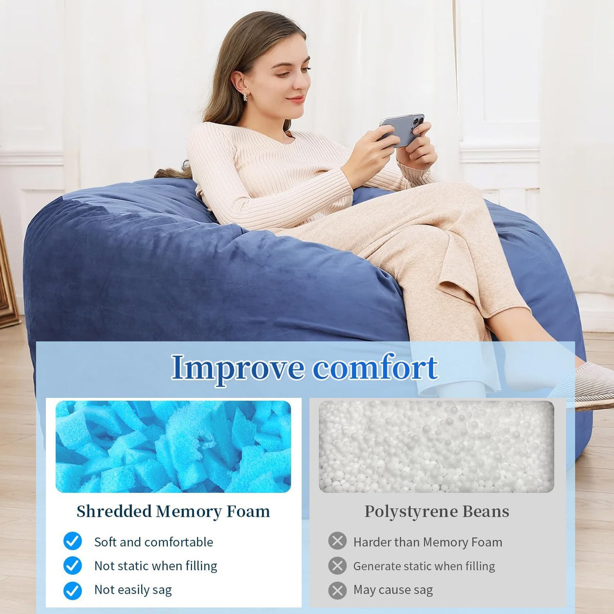 Jecqbor Bean Bag Filler, 40 lbs Shredded Memory Foam Filling, Soft Pillow Stuffing Bean Bag Refill Foam for Couch, Cushion, Stuffed Animals, Dog Bed, Arts Crafts