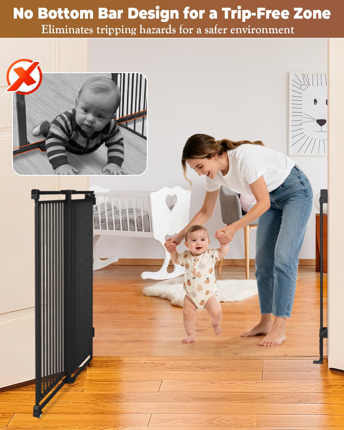 34-53" No Bottom Bar Baby Gates Dog Gate for Stairs, 39" Extra Tall Child Safety Gate with Auto Close Design, Large Walk Thru Door, Extra Wide Hardware Mount Pet Gate for Doorways Deck Indoor Outdoor
