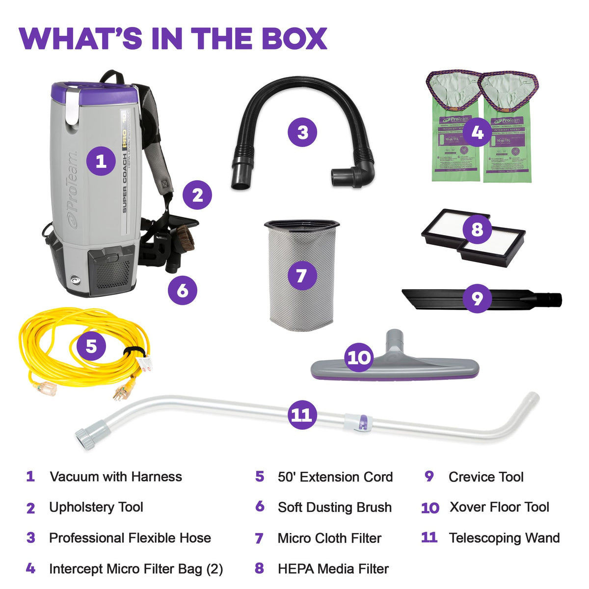 ProTeam Super Coach Pro 10 Backpack Vacuum Commercial with Telescoping Wand Tool Kit, 10 Quart, Corded, 107303