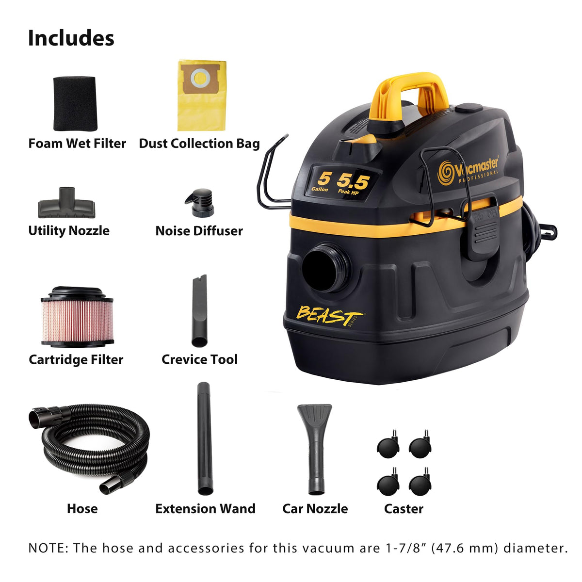 Vacmaster Professional Beast Series VFB511H 0201 5-Gallon 5.5 Peak HP Wet/Dry Vac, Black