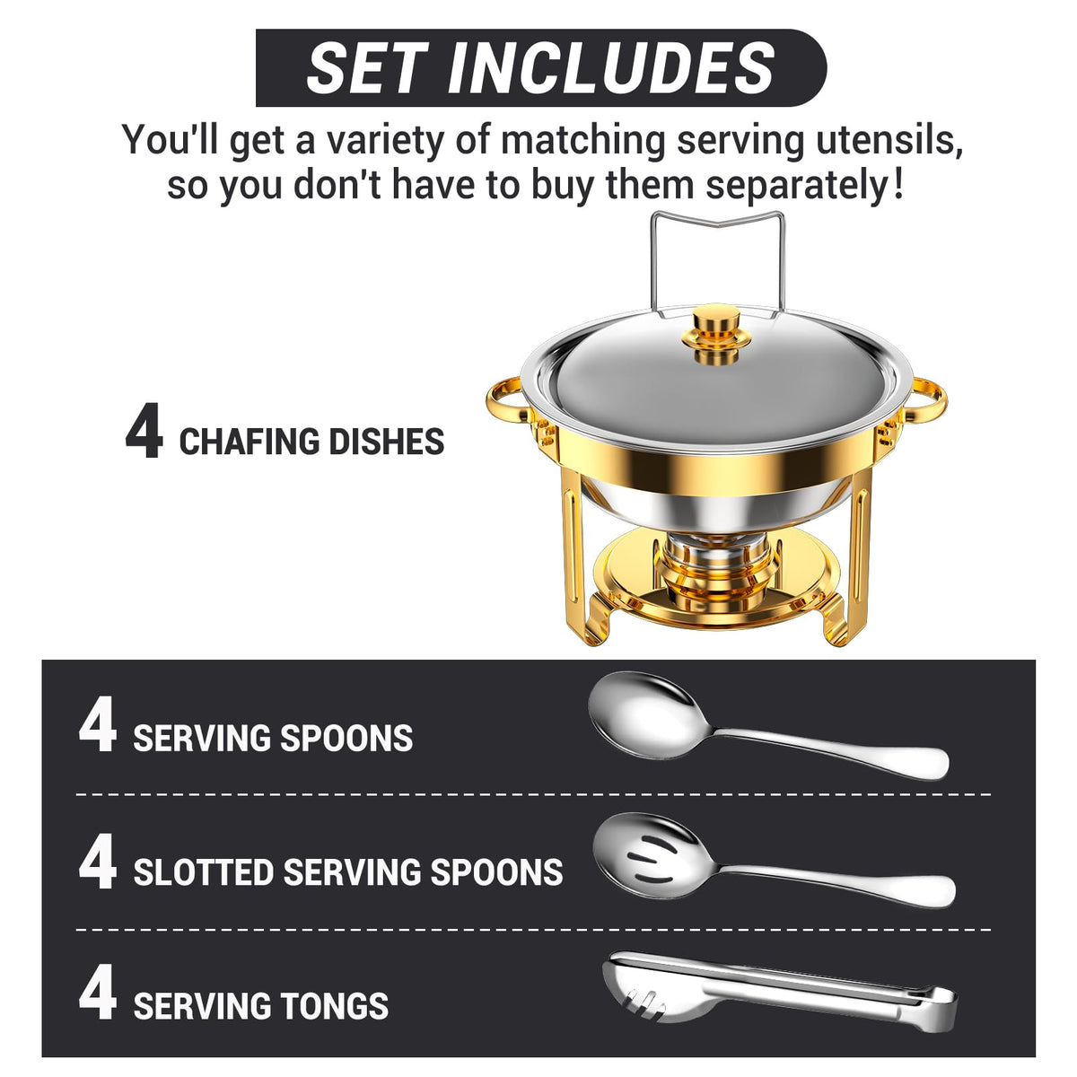 Keyoxy Round Chafing Dishes for Buffet 5 Qt,High Grade Chafing Dish Buffet Set, Full Size Pan,Rolled-Edge Design Food Warmers for Parties,Buffet,Wedding,Birthday,Camping 4 PACK (Gold)
