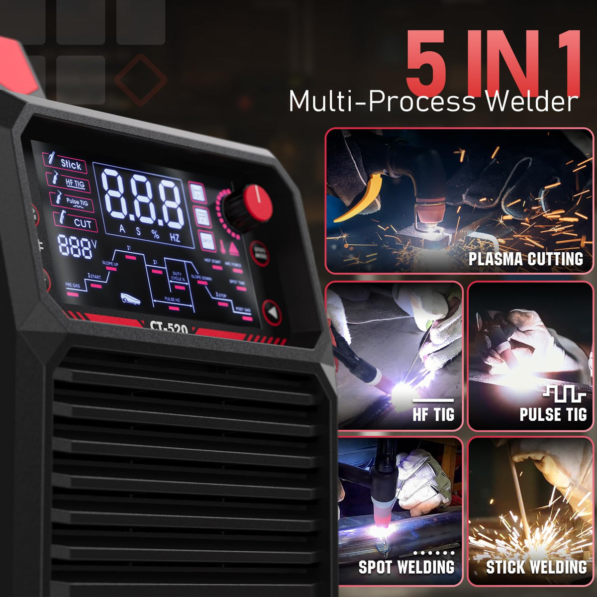 ‎YESWELDER CT-520 Tig Welder & Plasma Cutter, 5-In-1 Multifunctional Welding Machine & Large View Intelligent Auto-Shade Auto-Darkening Welding Helmet