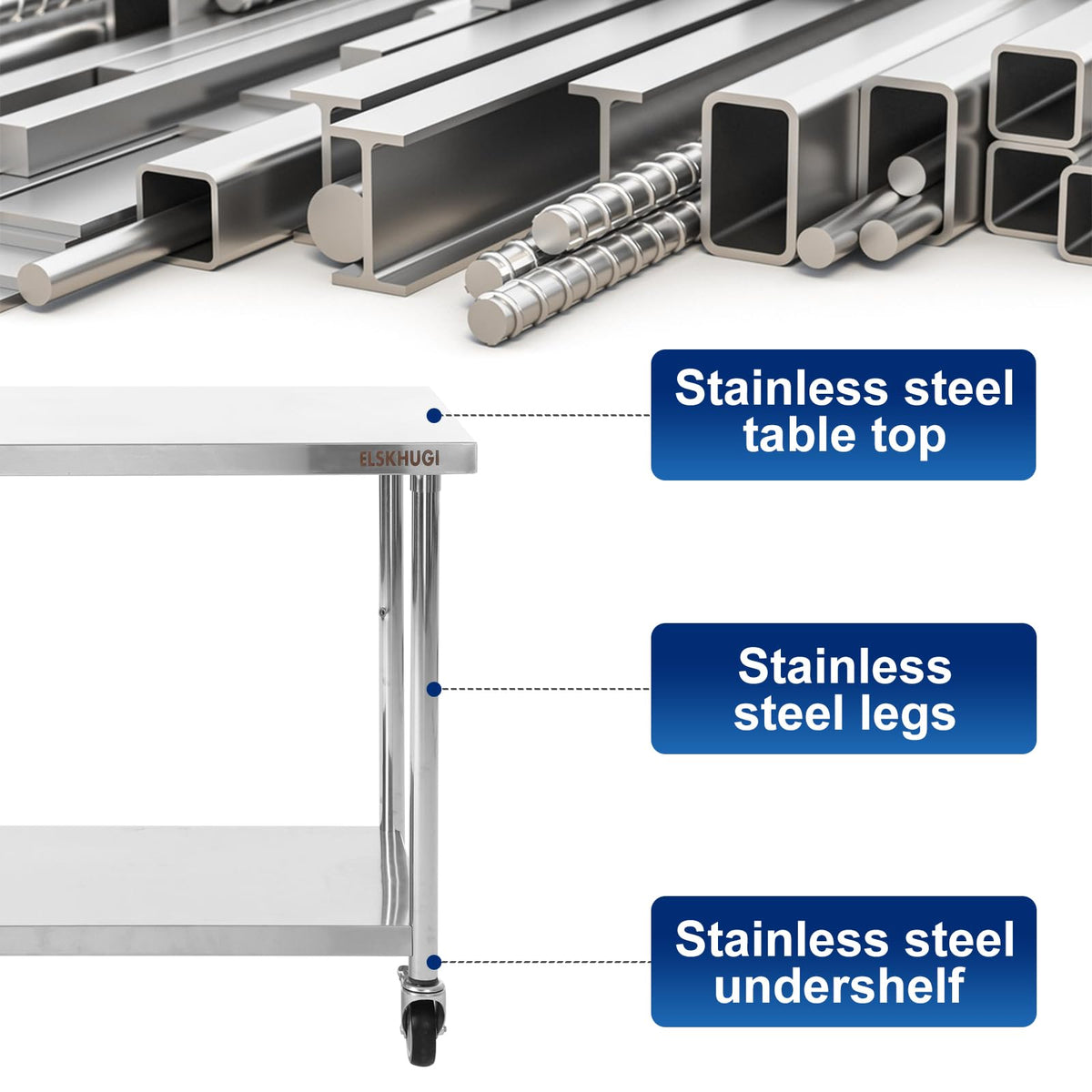 ELSKHUGI Stainless Steel Table for Prep & Work 36 x 24 Inches with Caster Wheels,Commercial Heavy Duty Metal Table with Undershelf for Home,Restaurant and Hotel Kitchen (36" x 24")