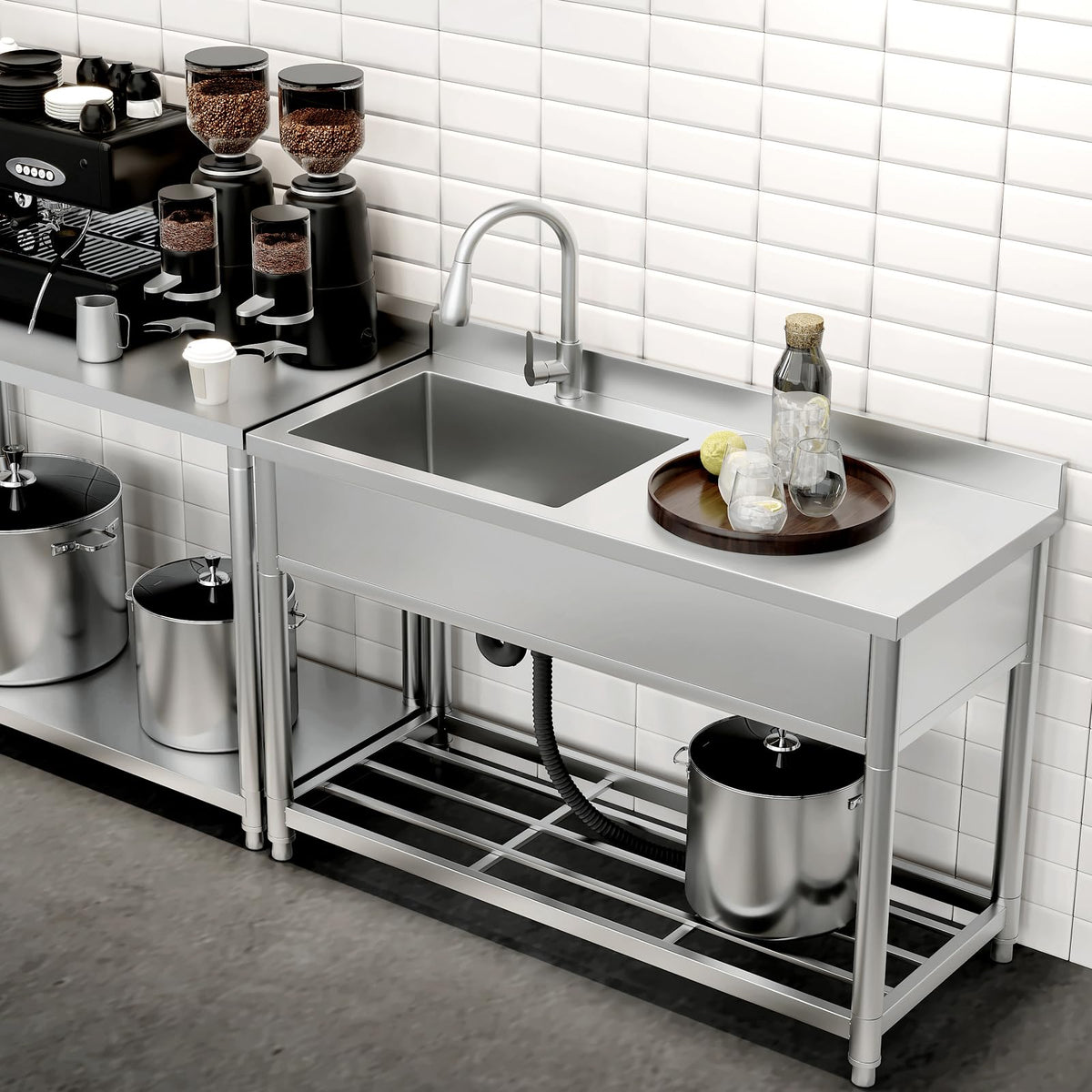 GGW Commercial Sink with Drainboard, Stainless Steel Utility Sink with Pull-out Faucet, Free Standing Single Bowl Kitchen Sink with Workbench for Restaurant, Garage, Outoor, 21.7"D x 47.2"W x 37"H