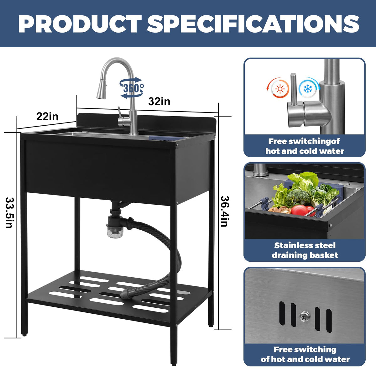 Portable Freestanding Stainless Steel Laundry Utility Sink with Cold and Hot Water with Cabinet Faucet Outdoor Kitchen Black Utility Sink