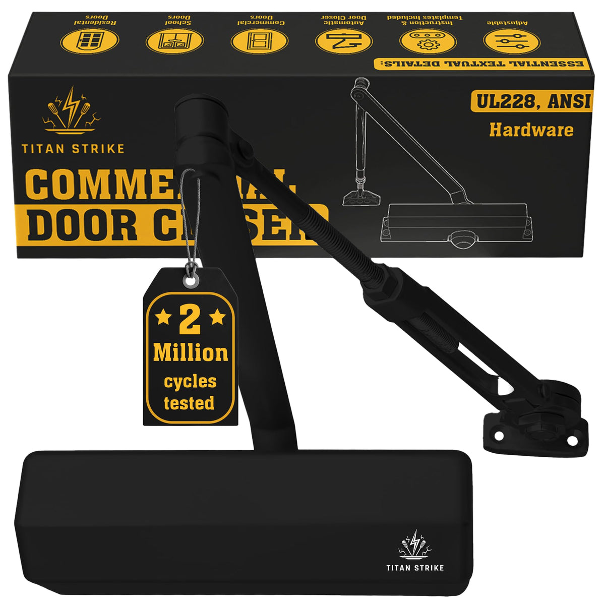 TITAN STRIKE Heavy Duty Automatic Door Closer with Hold Open, Commercial Indoor/Outdoor Adjustable Door Closure, ANSI Grade 1, UL Certified, ADA Compliant, (44-330lb, 30-60in) – Black