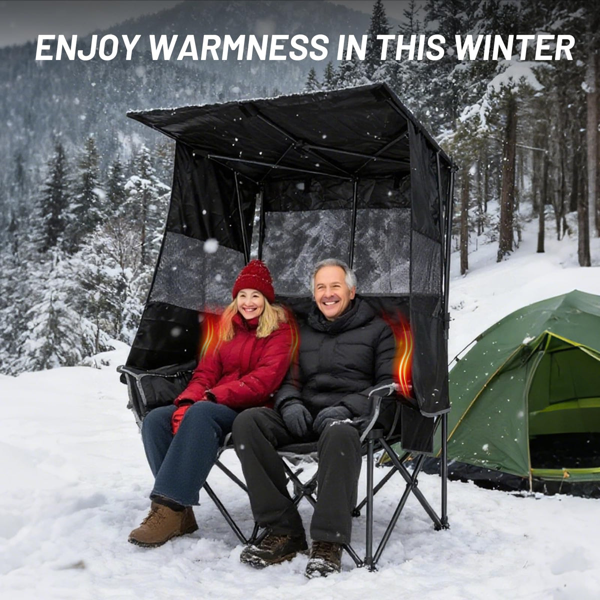 Nice C Heated Double Camping Chair with Canopy, Heated Outdoor Sports Folding Bench with Battery, Portable Padded Umbrella Chairs, Couch with Shade, Cup Holder, Cooler Bag, Loveseat For Lawn, Outdoors