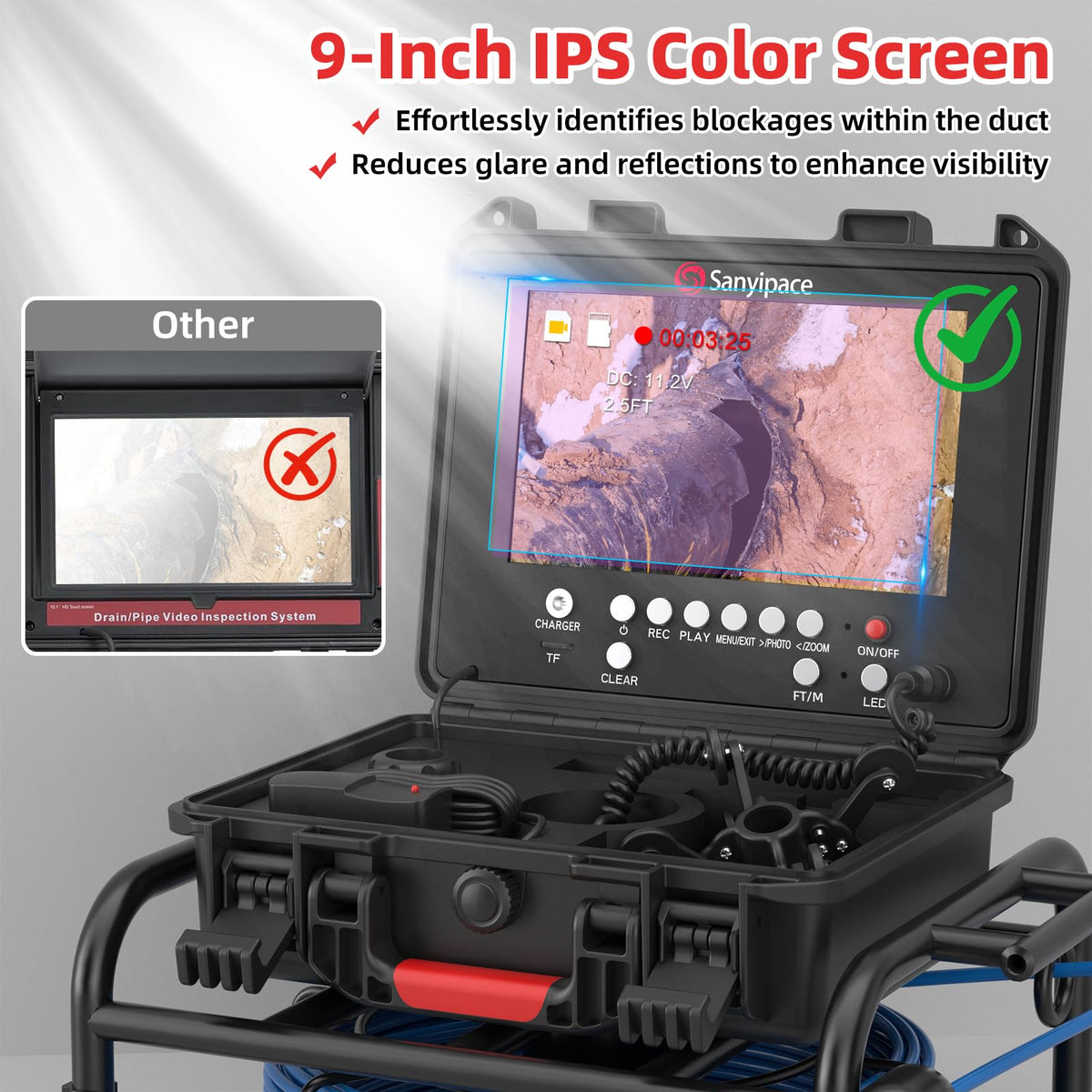 Sanyipace Drain Camera with Locator, Self-Leveling Sewer Camera with 512Hz Transmitter, Distance Counter, 5X Zoom, 4500mAh Battery, 165FT/50M Waterproof Pipe Camera for Plumbing Duct Home Inspection