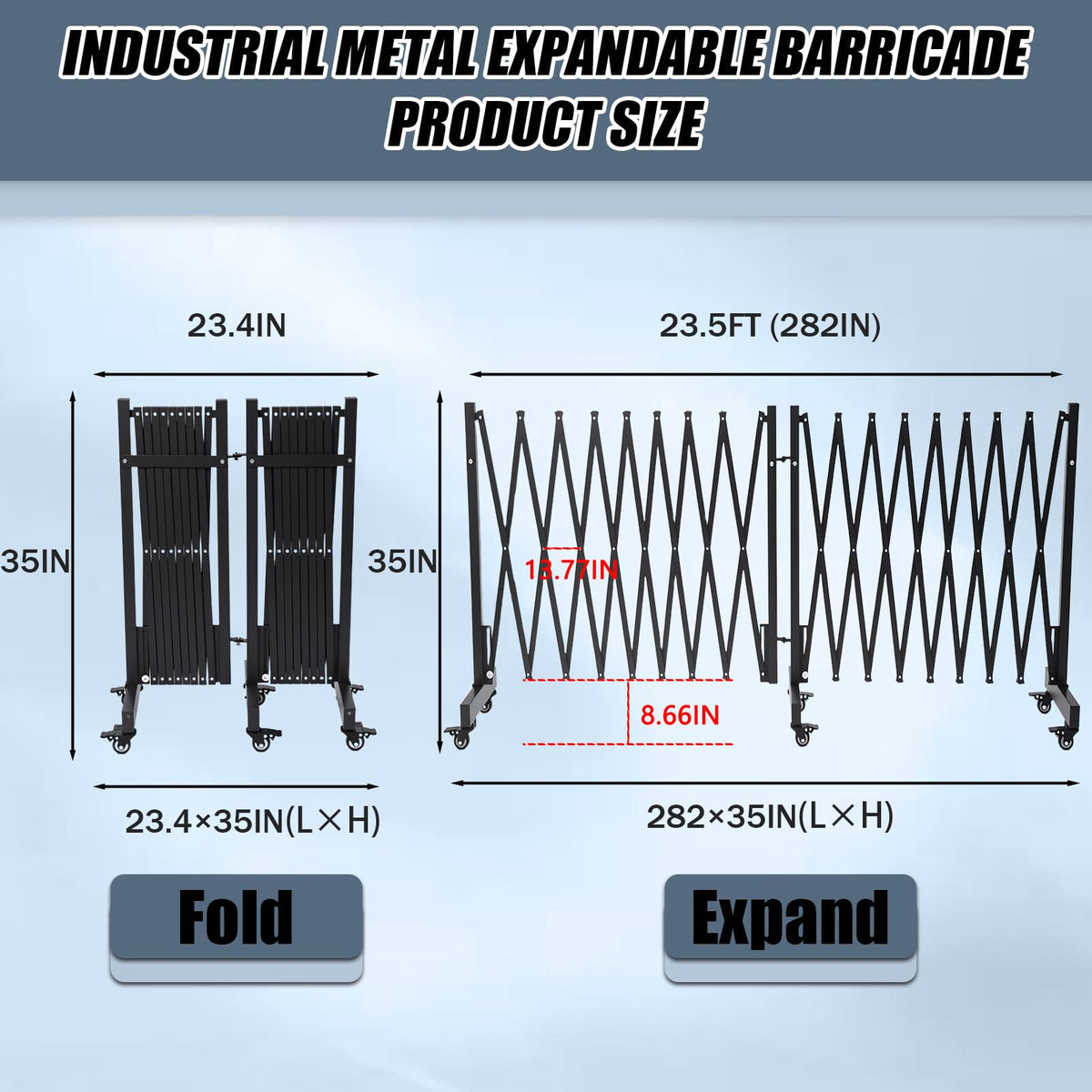 23.5FT Industrial Metal Expandable Barricade，Retractable Traffic Fence with Casters, Folding Security Gate，Portable Barricade Gate for Construction Area, Traffic Control, Cordon(Black