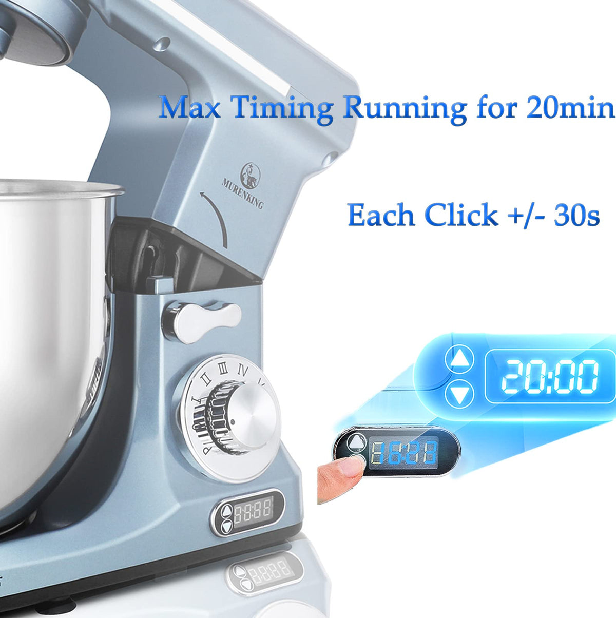 MURENKING Professional Stand Mixer, 6-Qt with Timer, MK37 500W 6-Speed Tilt-Head Food Electric Mixer Kitchen Machine,Plastic (Silver Blue)