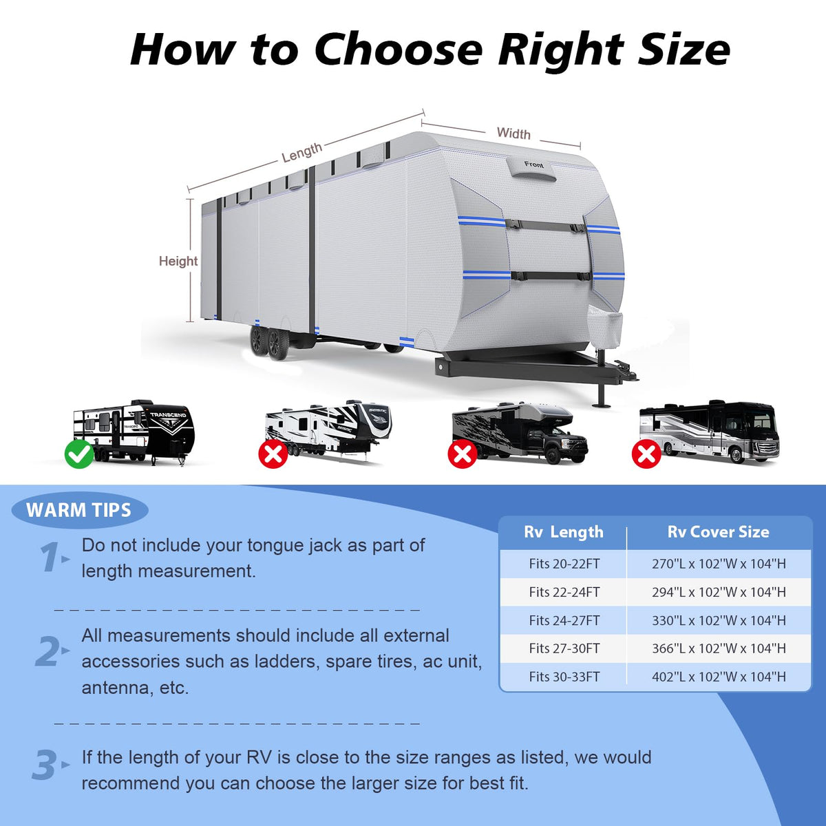 RV Cover 30-33ft, 7 Layers Heavy Duty Travel Trailer Cover, Weatherproof & UV Resistant Camper Cover with 10 Windproof Straps, 4 Tire Covers, Storage Bag, Gutter & Tongue Jack Covers