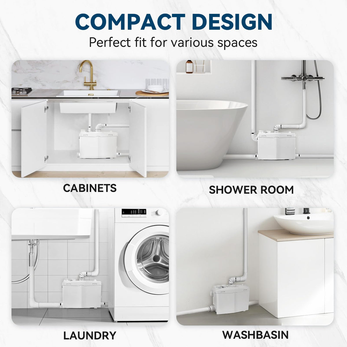 1200W Utility Sink Pump with Blade PCB Function Under Sink Pump Upflush to 39.4FT 2800GPH with 4 Water Inlets 2 Outlets Macerating Toilet System for Sink Shower Washing Machine Kitchen Basement