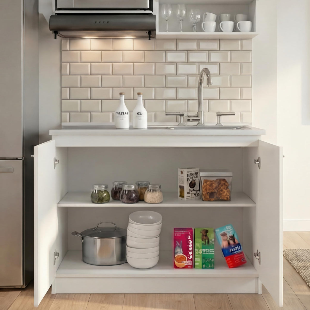 Tuhome Napoles Utility Sink Base Cabinet with Integrated Stainless Steel Countertop, Freestanding Cabinet with Double Doors, Interior Shelf for Laundry Room, Utility Room, Mudroom or Kitchen