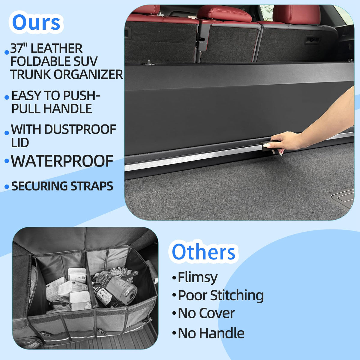 CarCrate Car Trunk Organizer, Waterproof SUV Organizer Trunk Storage with Lid & Handle, Extra Large Leather Callapsible Cargo Organizers, Durable Car Storage Box for Ford Jeep (40.5''*11.4''*12.2'')
