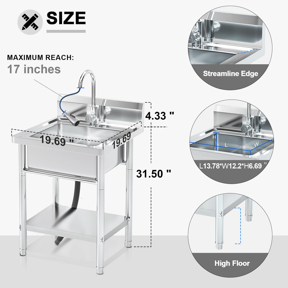 20Inch Stainless Steel Utility Sink, Commercial Single Bowl with Hot & Cold Water Lines, Drain Kit + Base Plate for Kitchen, Garage, Laundry