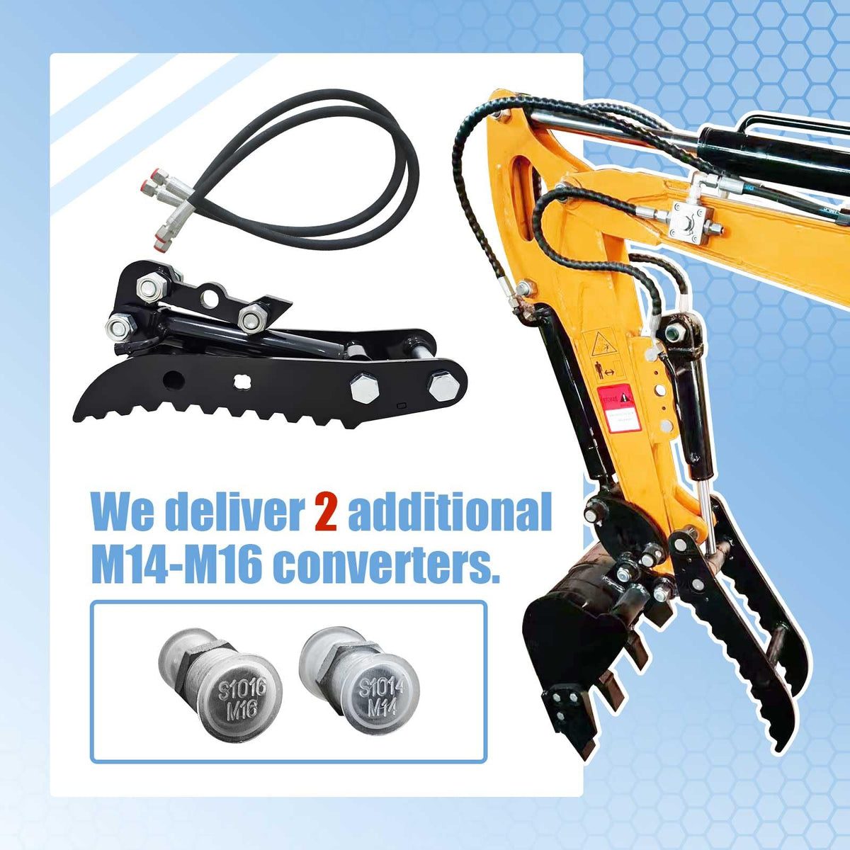 Hydraulic Thumb Clip Attachment 3-Holes for Mini Excavator Small Digger Crawler Small Digger Attachments fit Most of up to 2 tons, with2* M14 Hoses and Converters, Black