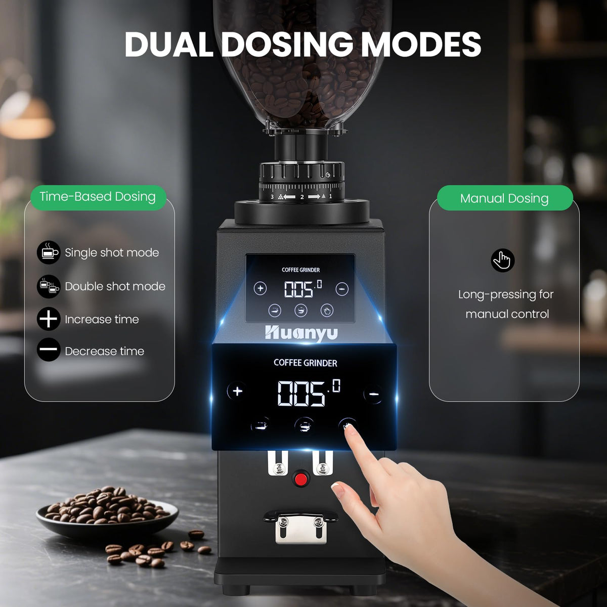 Huanyu Electric Coffee Bean Grinder 250G Automatic Burr Grinder Green and Huanyu Commercial Coffee Grinder with 64mm Flat Burr Anti-Flying Grounds Outlet 26oz Lotus Hopper Bundle