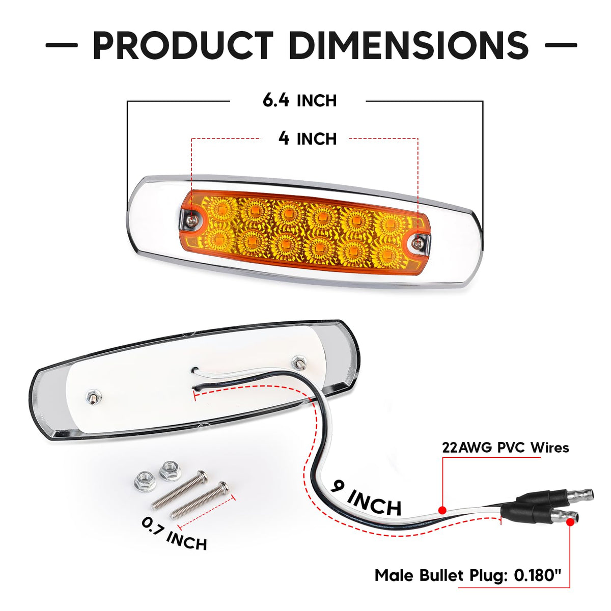 Ledvillage 50 Pack Amber LED Side Marker Lights with 2-Wire Plug 12LED Waterproof Clearance Fender Lamp for Trailer Truck RV SUV Surface Mount with Screws 12V DC