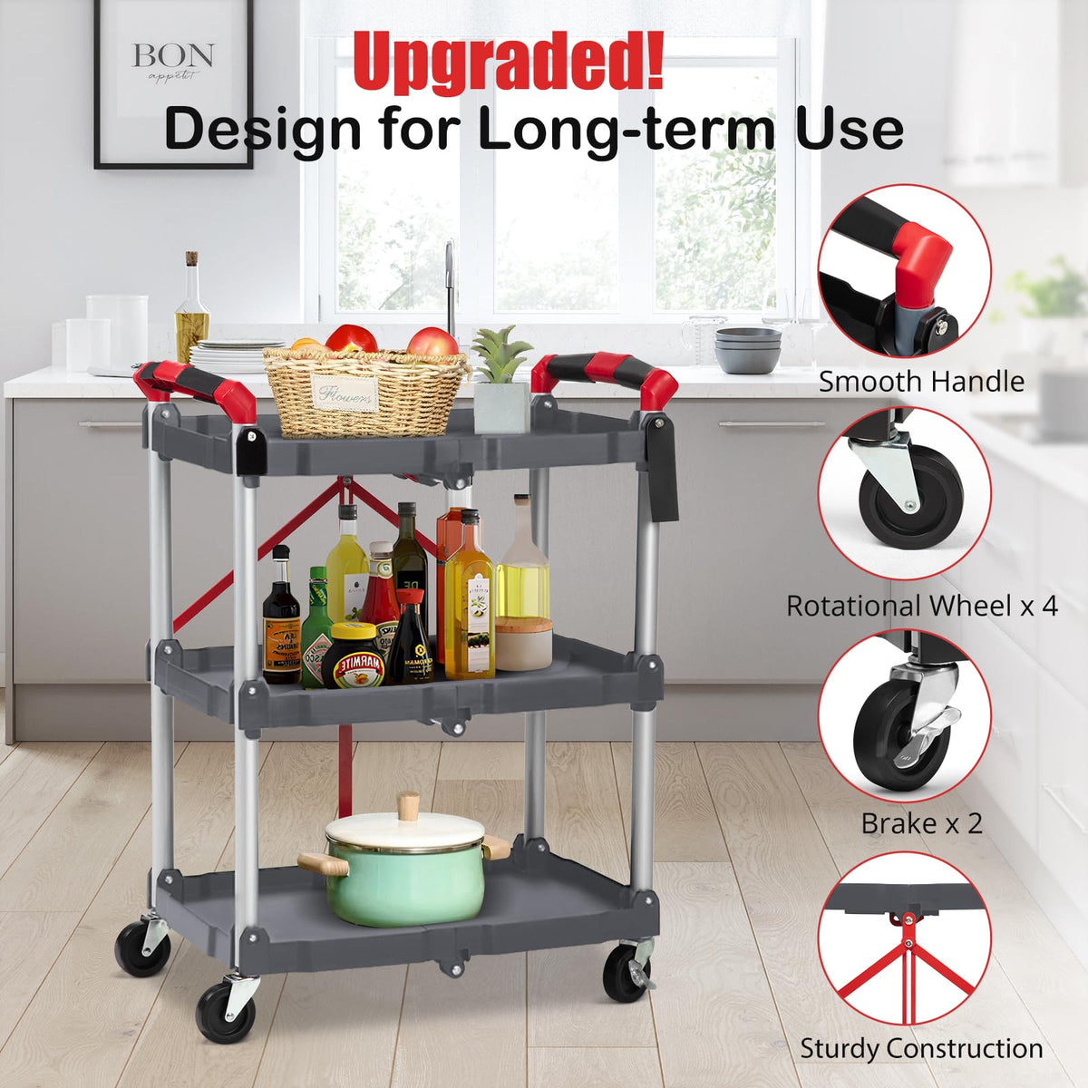 Garvee Collapsible Folding Utility Cart with Wheels, 3 Tier Rolling Service Cart for Kitchen, Office, Shopping, Garage
