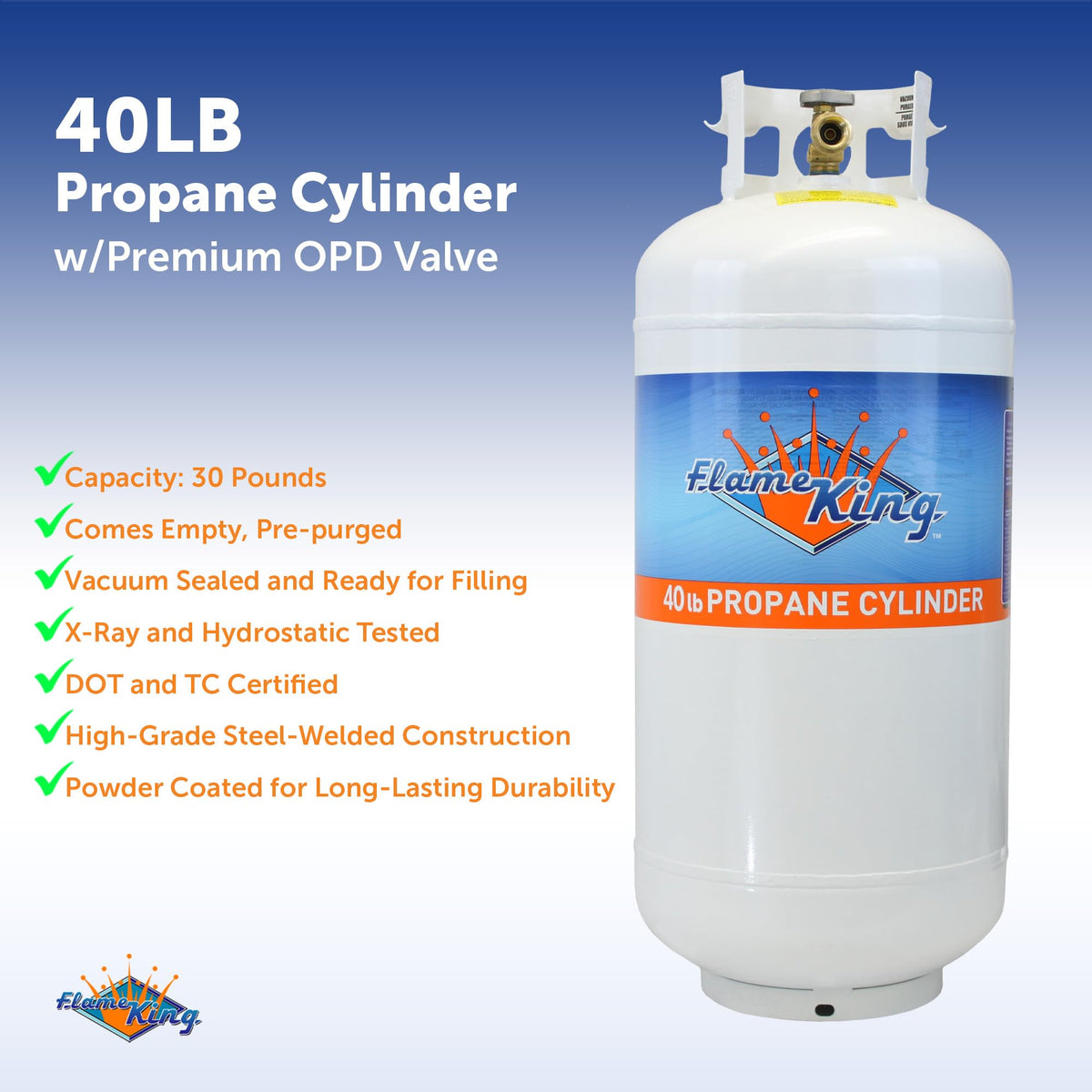Flame King YSN401 Steel Propane Tank Cylinder With Overflow Protection Device Valve, 40 Lb, White