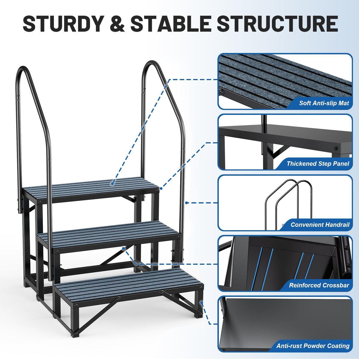 RV Steps Spa Steps with Handrail - 3 Step Hot Tub Steps Trailer Steps Mobile Home Stairs for 5th Wheel RV, Trailer, Hot Tub, Pool, Porch with Non-Slip Mats