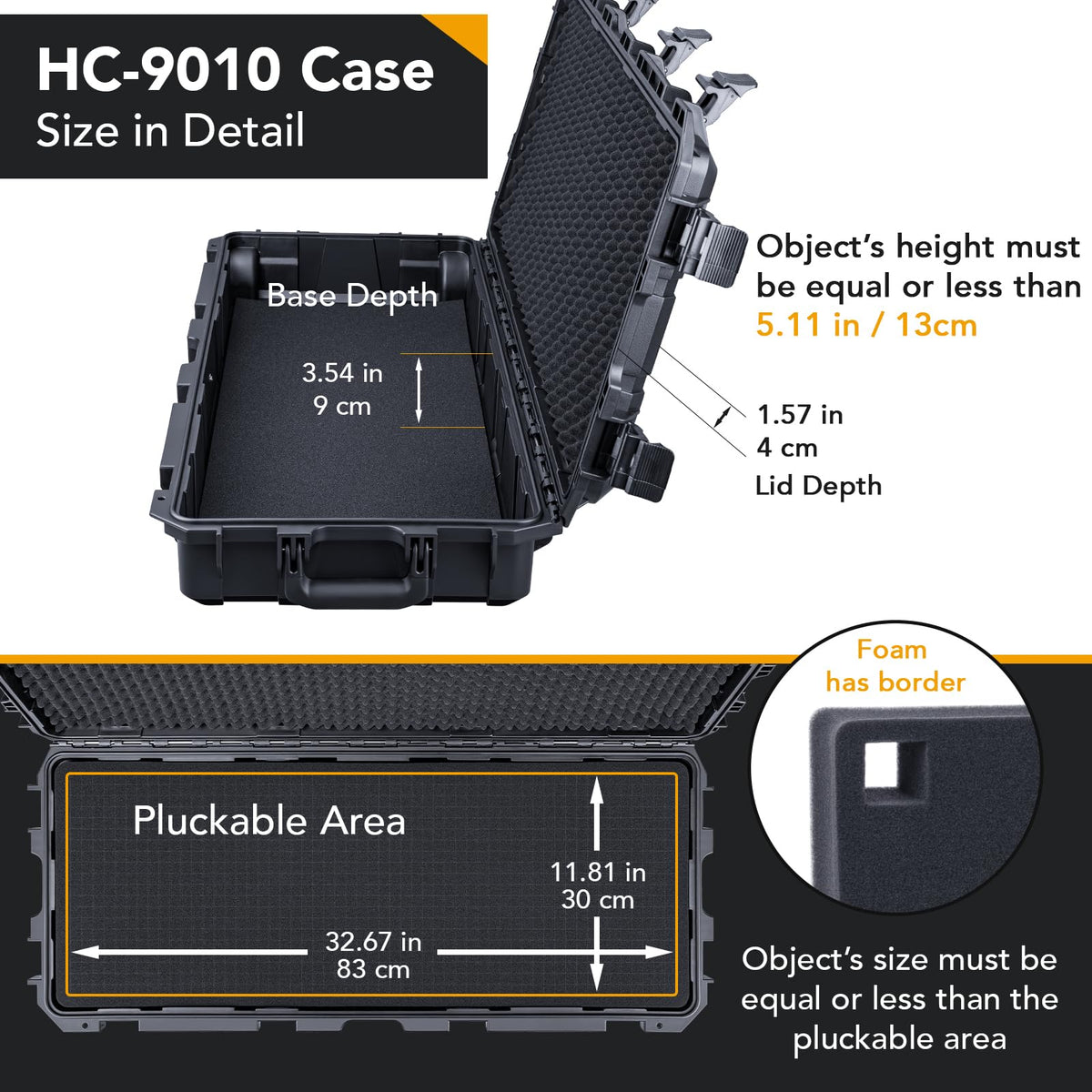 Lykus HC-9010 Long Waterproof Hard Case with Customizable Foam Insert and Wheels, Interior Size 34.17x13.19x5.12 in, Suitable for long items