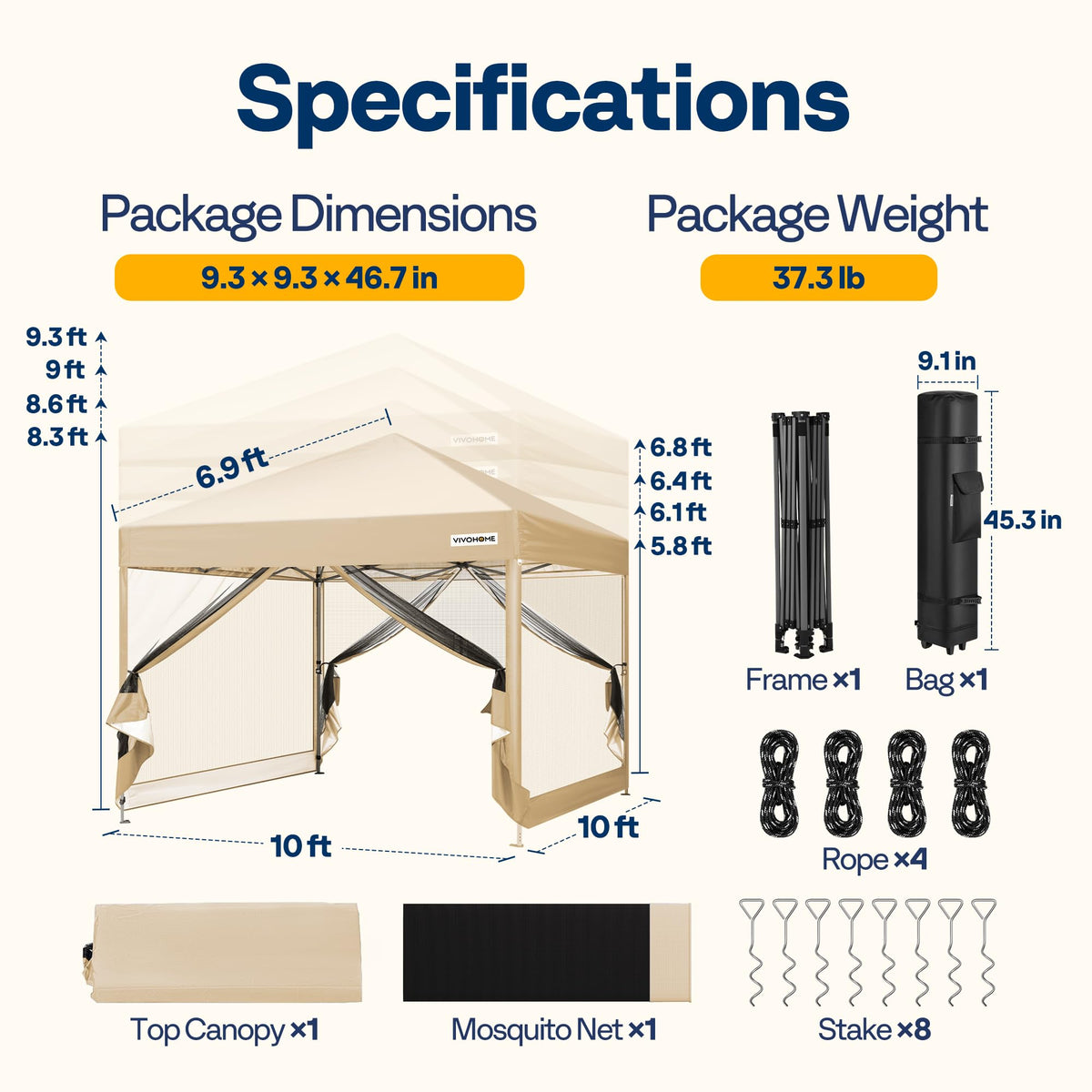 VIVOHOME 10x10ft Easy Pop-Up Canopy, Outdoor Screen Tent with Mosquito Netting, 2 Zipper Doors, and Roller Bag for Yard Camping Picnic Party Events, Beige